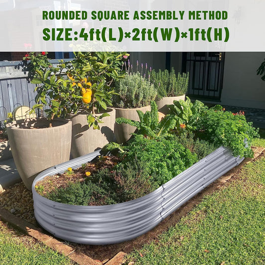 4Ftx2Ftx1Ft Galvanized Metal Raised Garden Bed,Oval Planter Box Outdoor for Vegetables, Fruits and Flowers- Starlight Silver