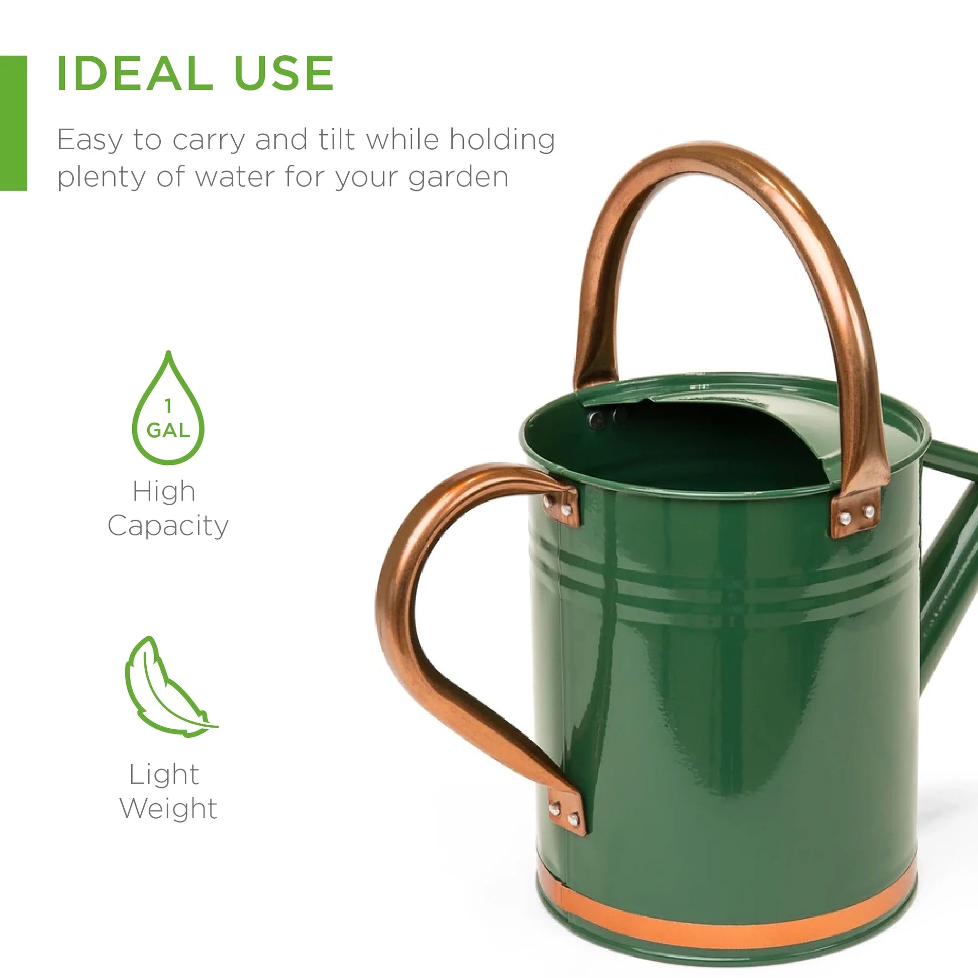 1-Gallon Galvanized Steel Watering Can for Gardening W/ O-Ring, Top Handle, Copper Accents