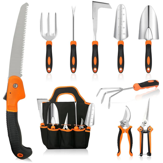 Gardening Tool Set, Heavy Duty 10-Piece Yard Tools with Non-Slip Handles, Gift Tote Bag Included