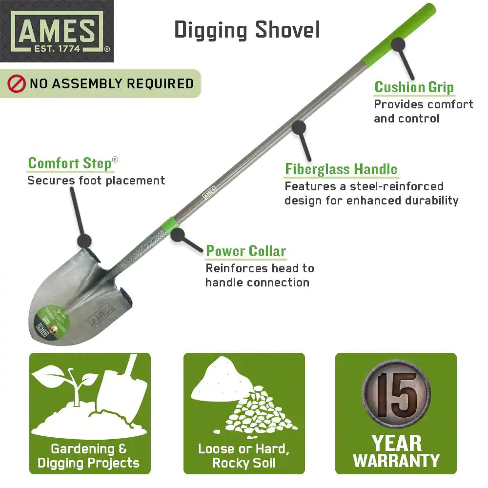 46.5 In. Fiberglass Handle Steel Blade Digging Shovel with Comfort Step