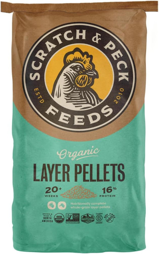 Scratch and Peck Whole Grain Layer Pellets Chicken and Duck Feed - 25 Lbs Bag - Corn-Free and Soy-Free - 16% Protein, Certified Organic and Non-Gmo Project Verified Chicken Food