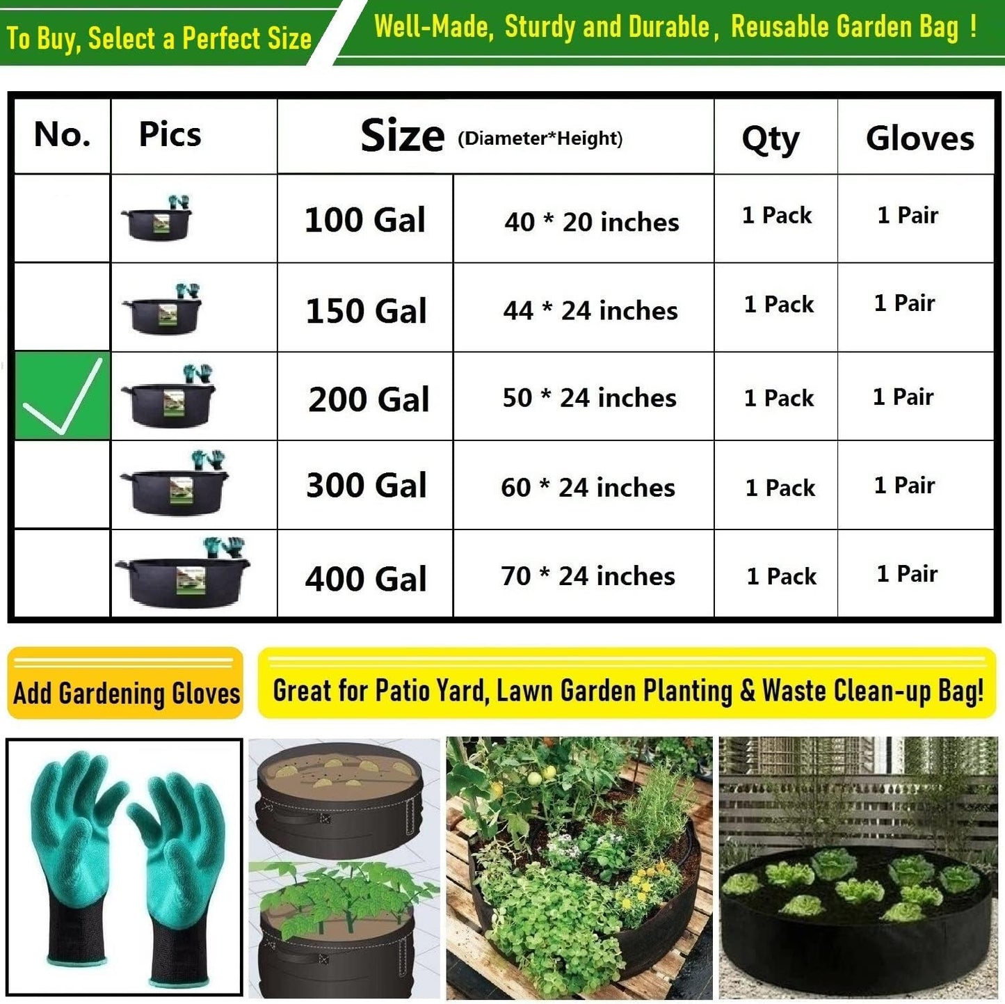 200 Gallon Large Raised Garden Bed Bag Big (50X24 Inch) Sturdy Plant Grow Bag for Tomato,Potato Planter Bag,Herb Veggies Planter,Flower Bed,Yard Waste Bag,Lawn Debris Bag,Leaf Bag,Garden Bag W/ Gloves