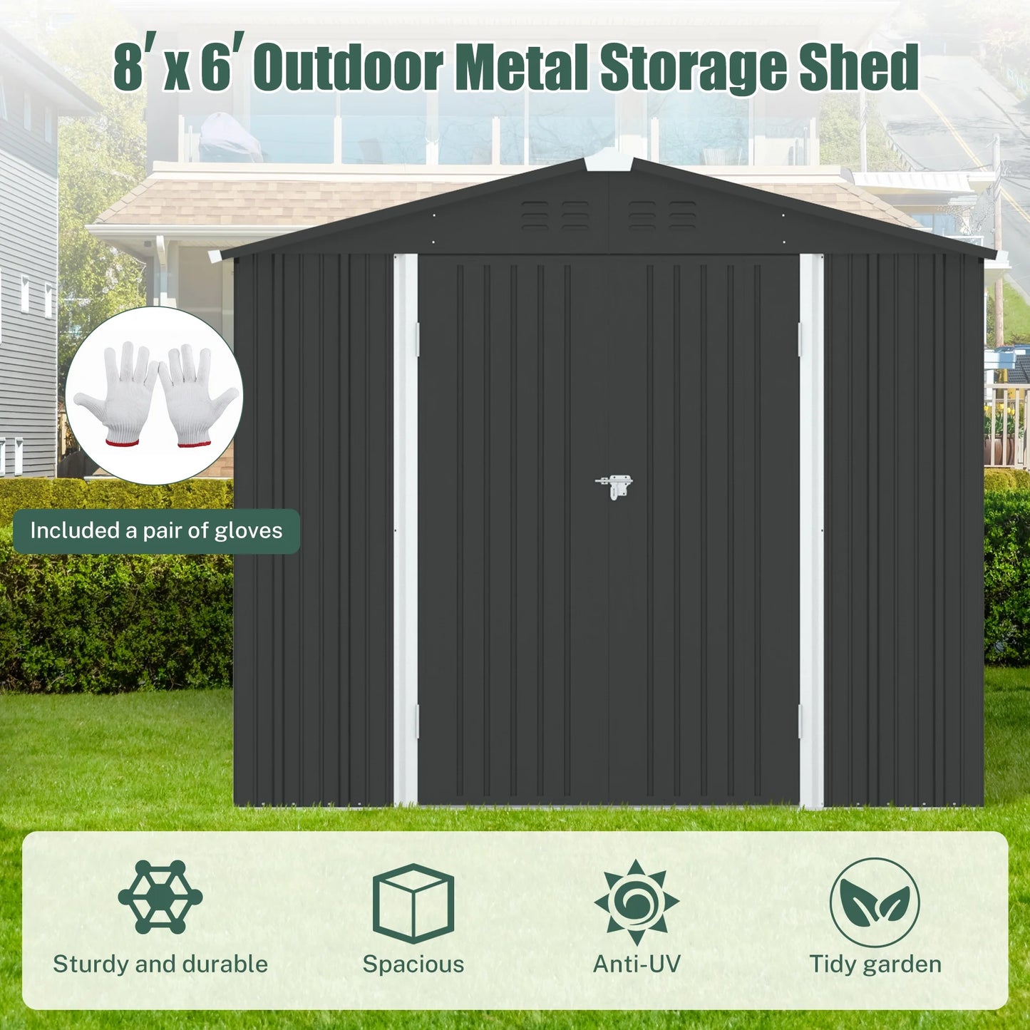 8' X 6' Outdoor Metal Storage Shed, Tools Storage Shed, Galvanized Steel Garden Shed with Lockable Doors, Outdoor Storage Shed for Backyard, Patio, Lawn, Dark Gray