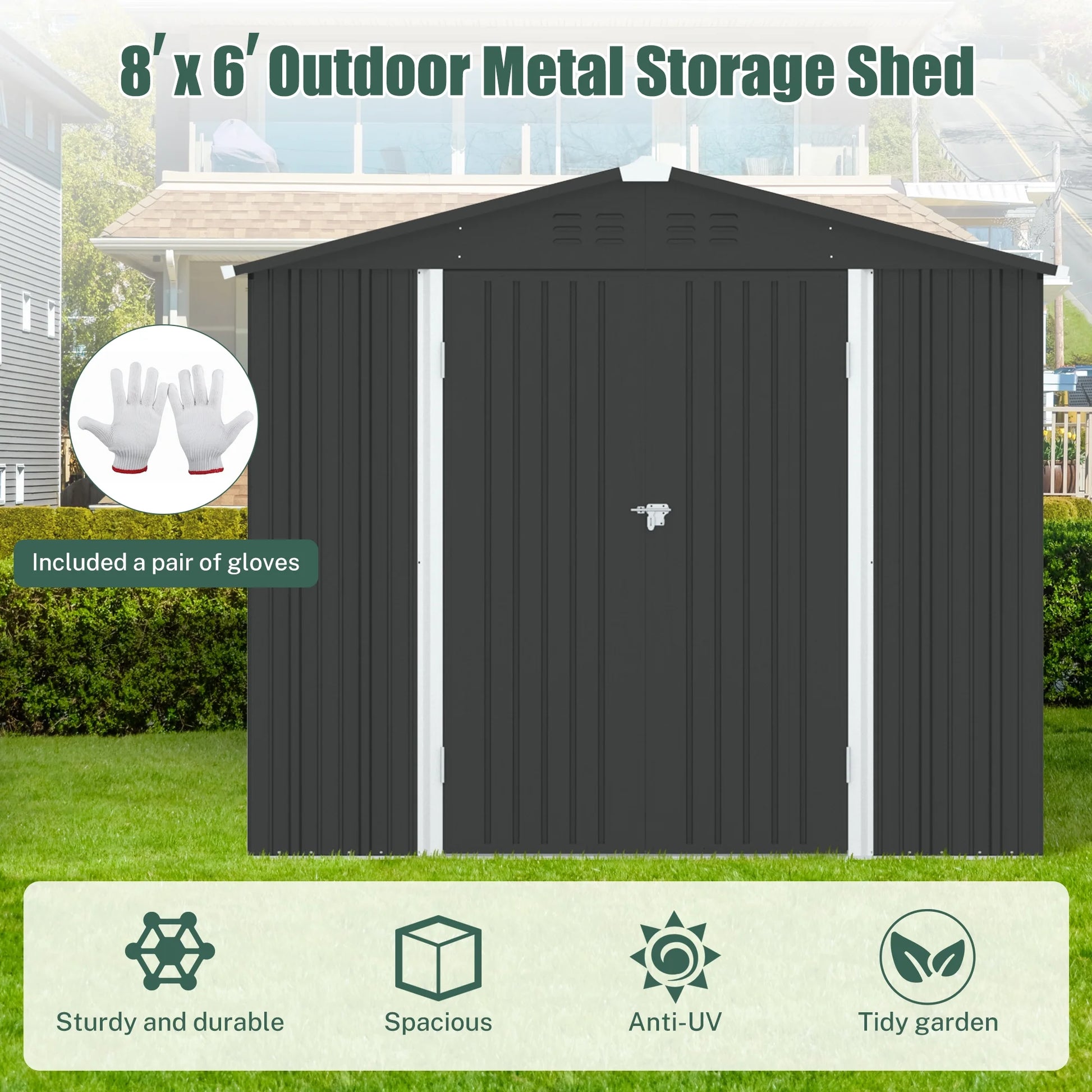 8' X 6' Outdoor Metal Storage Shed, Tools Storage Shed, Galvanized Steel Garden Shed with Lockable Doors, Outdoor Storage Shed for Backyard, Patio, Lawn, Dark Gray