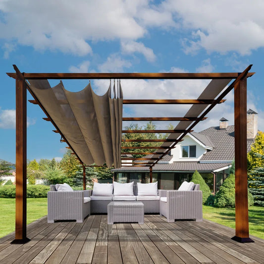 Florence 11 Ft. W X 11 Ft. D Wood Grain Aluminum Pergola in Chilean Ipe Finish with Canopy