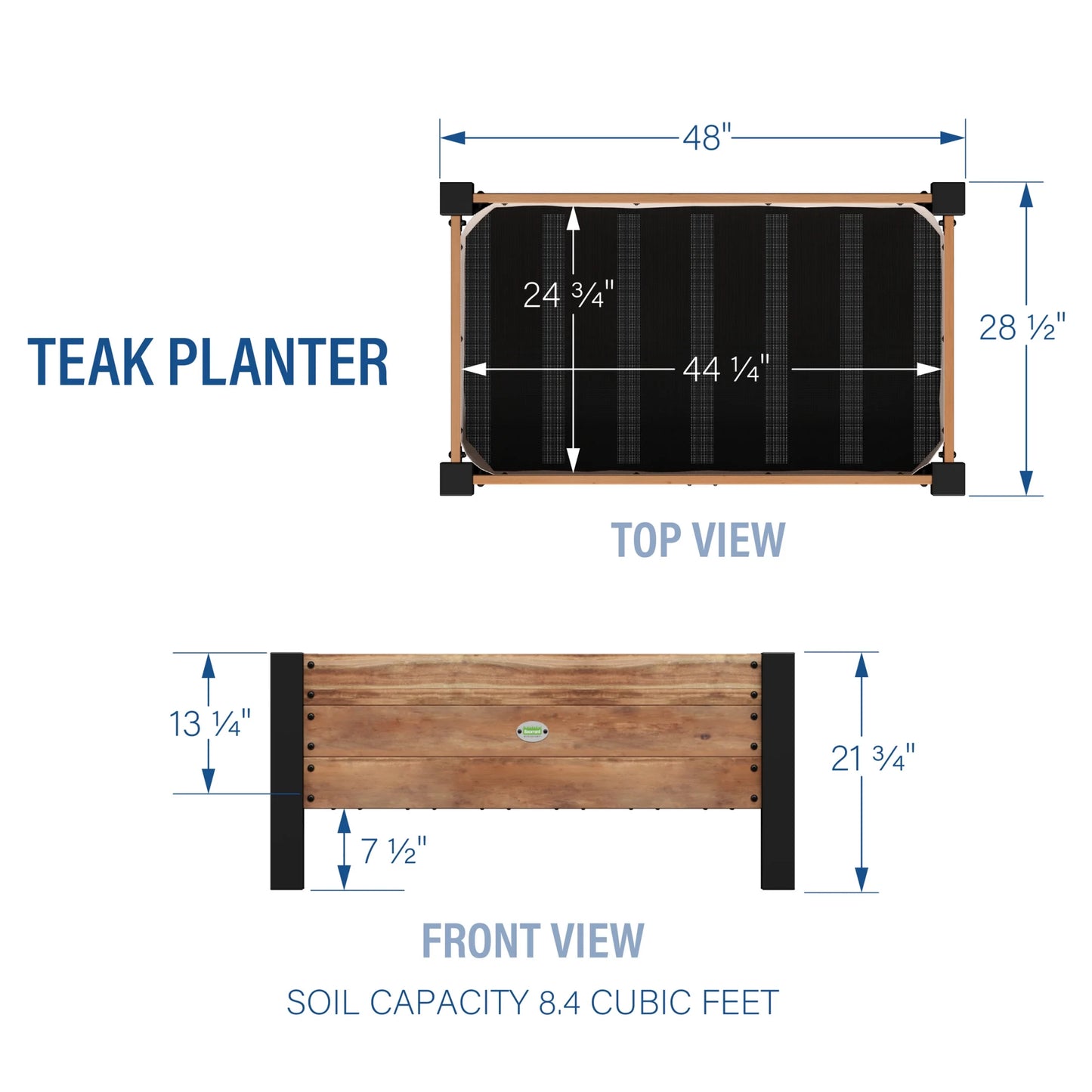 48" Teak Wood Garden Bed Planter Box, Galvanized Steel Legs