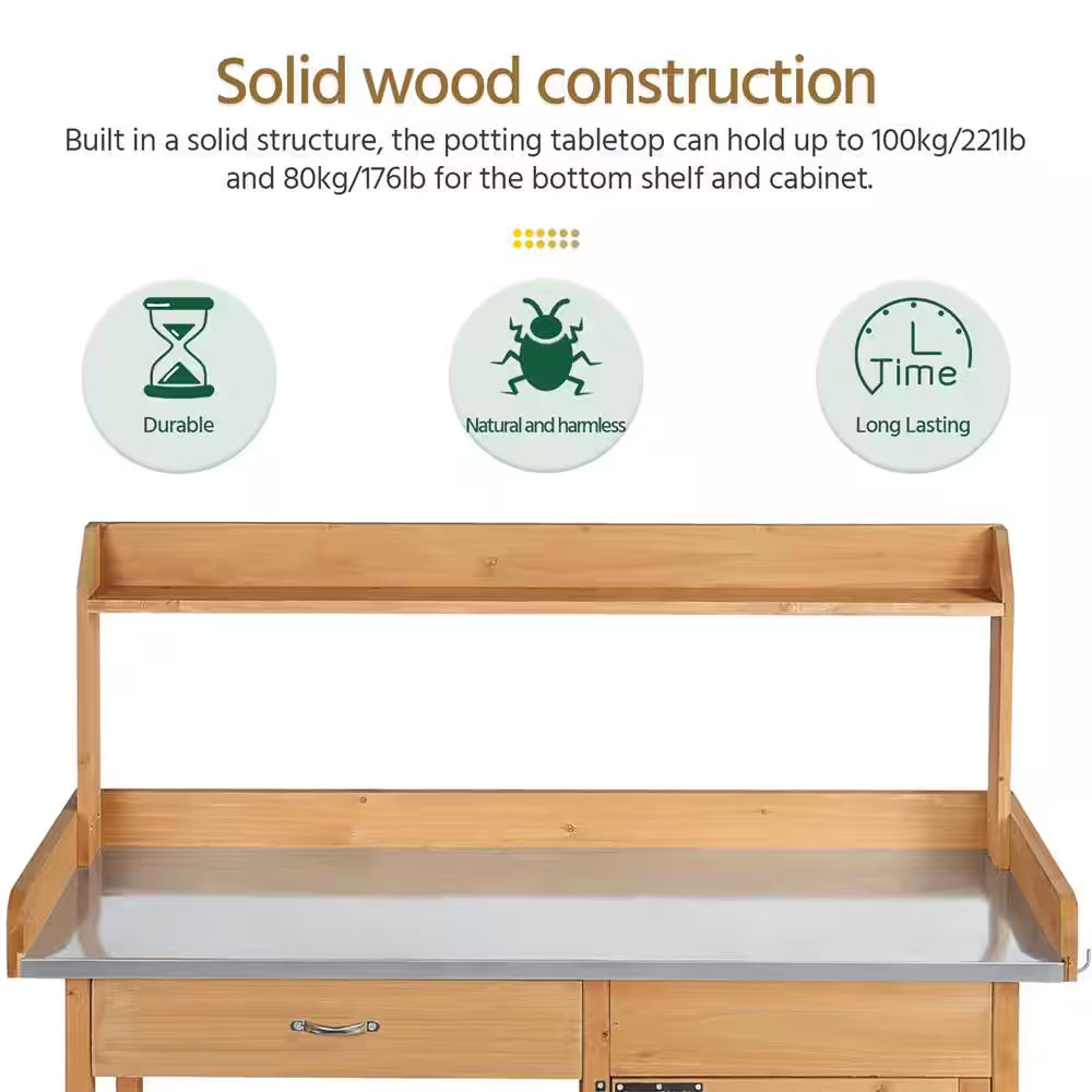 Outdoor Garden Potting Bench Table with Metal Tabletop, Cabinet Drawer and Open Shelf