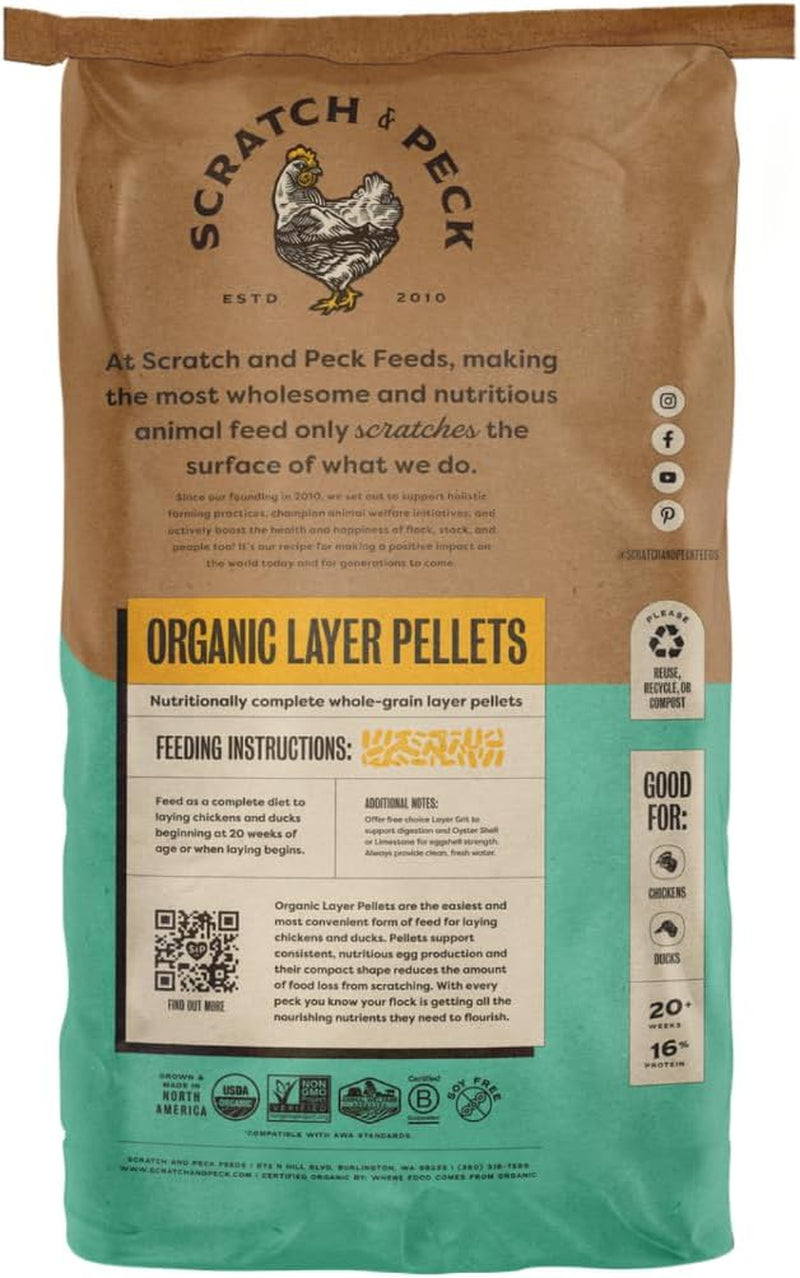 Scratch and Peck Whole Grain Layer Pellets Chicken and Duck Feed - 25 Lbs Bag - Corn-Free and Soy-Free - 16% Protein, Certified Organic and Non-Gmo Project Verified Chicken Food