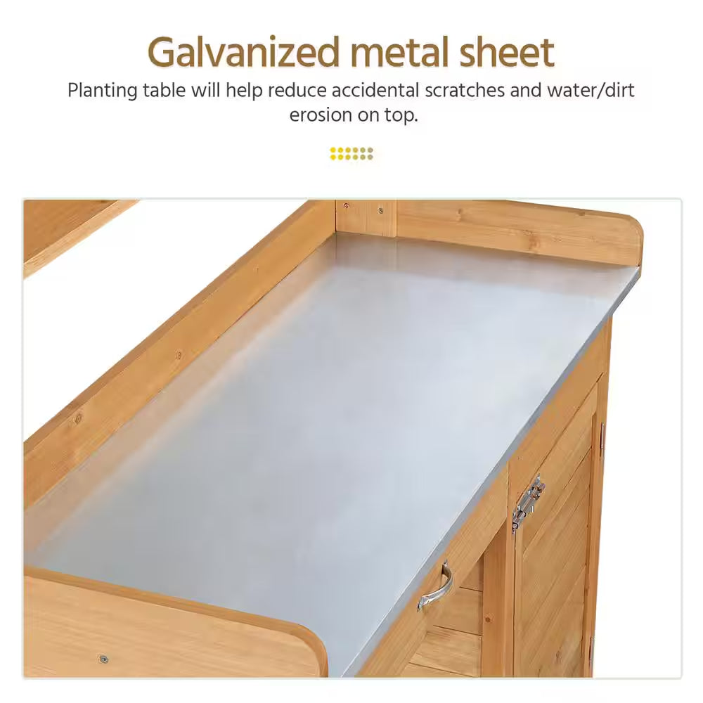 Outdoor Garden Potting Bench Table with Metal Tabletop, Cabinet Drawer and Open Shelf