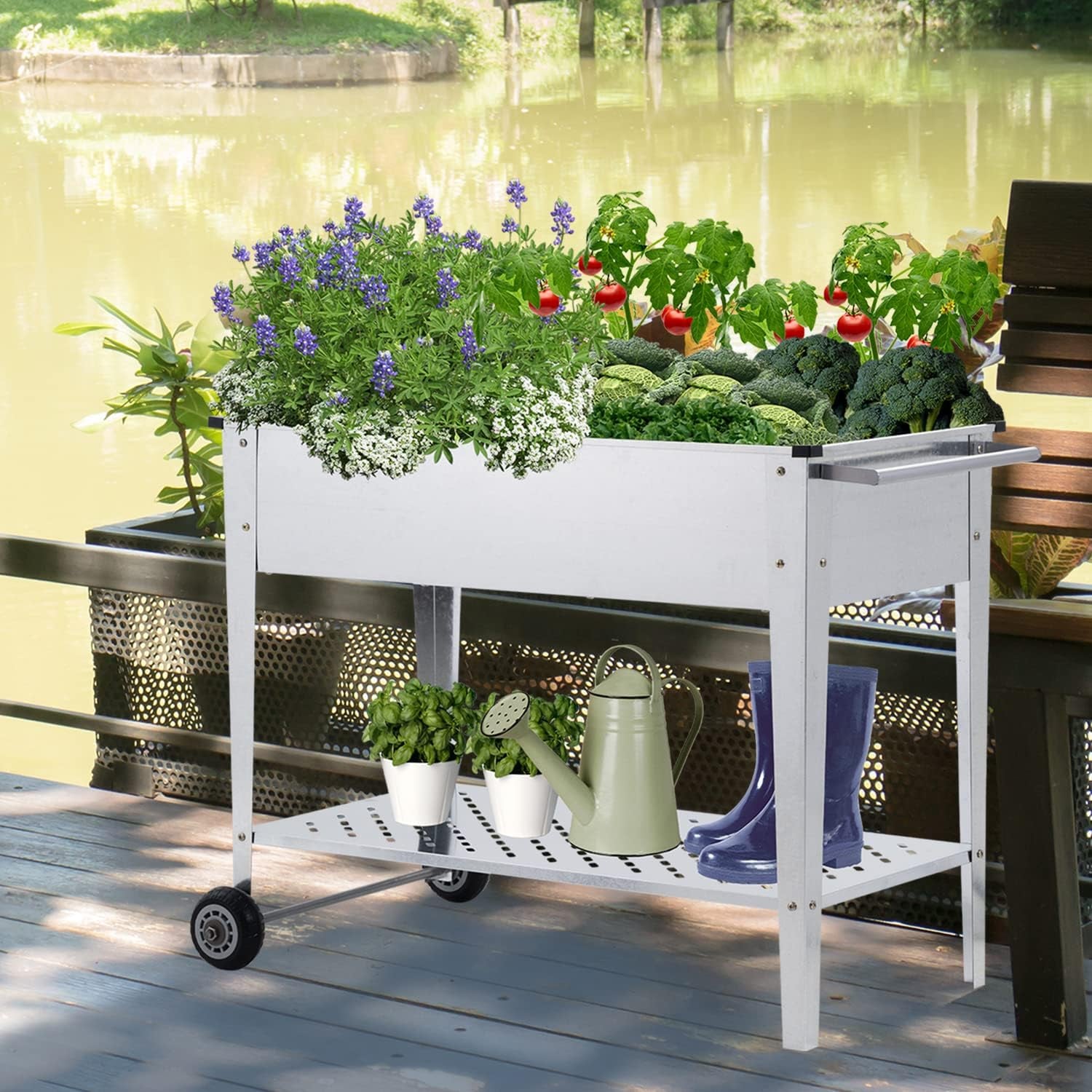 Raised Garden Bed with Legs and 2 Wheels,Metal Planter Box Kit for Growing Vegetables, Fruits, Flowers,Herb,Silver and Black
