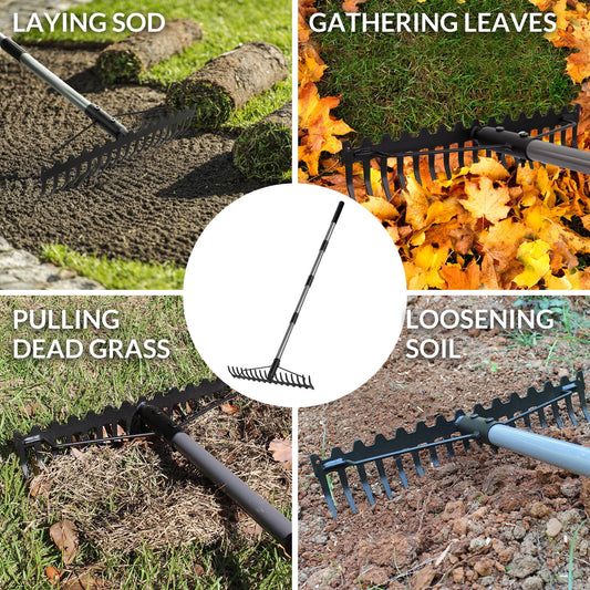 5FT Bow Rake, 17 Steel Tines Metal Head Heavy Duty Garden Rake