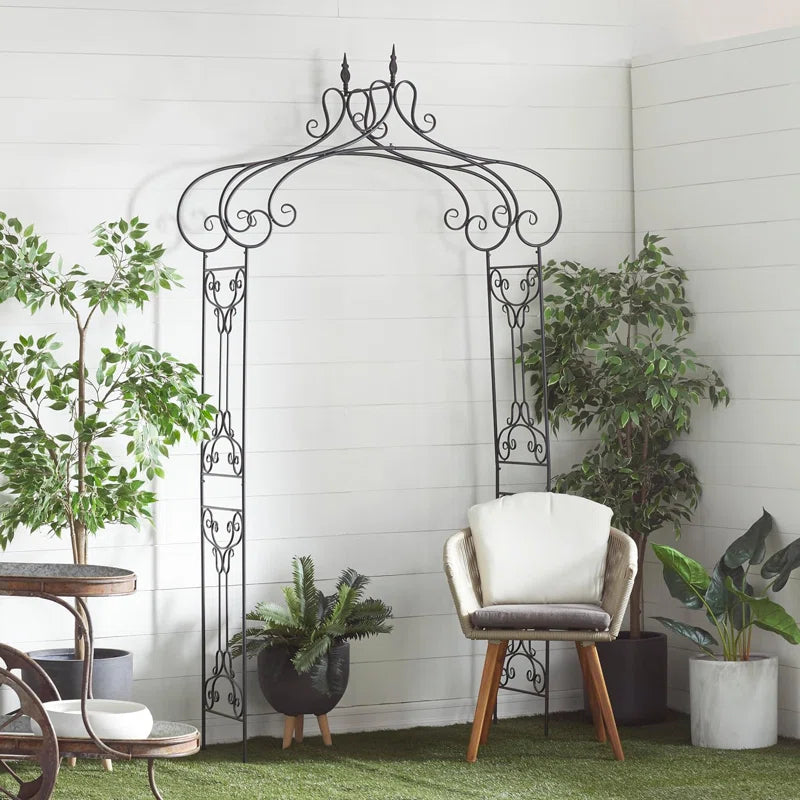 Ophir Metal Indoor Outdoor Arched Scroll Black Garden Arbor with Finial