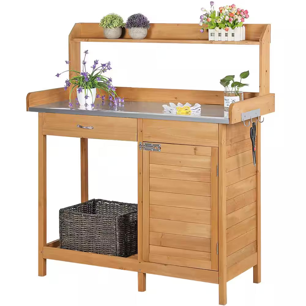 Outdoor Garden Potting Bench Table with Metal Tabletop, Cabinet Drawer and Open Shelf