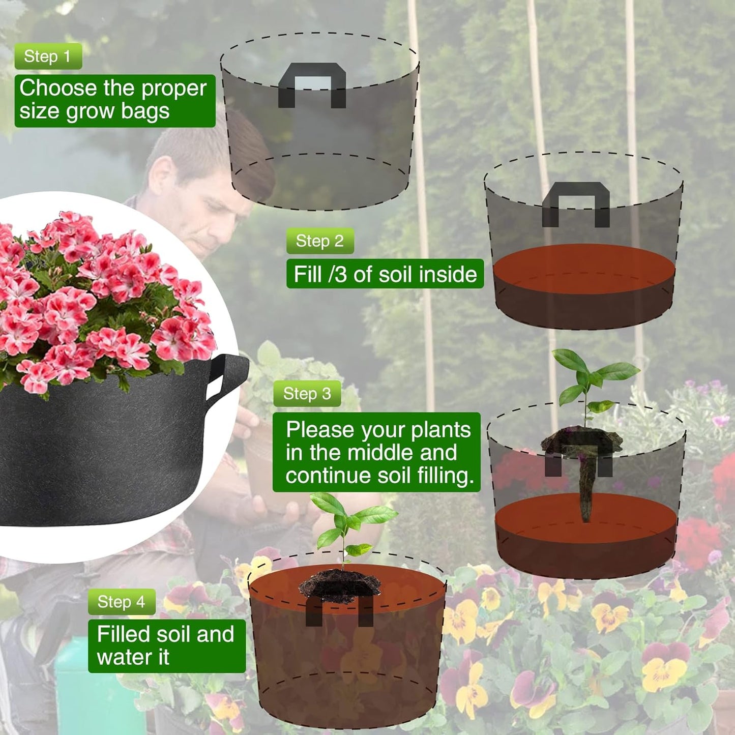 6-Pack 30-Gallon Plant Growing Pot Bags with Handles, Outdoor/Indoor Garden Fabric Grow Bags, Heavy Duty 300G Thickened Aeration Nonwoven Cloth