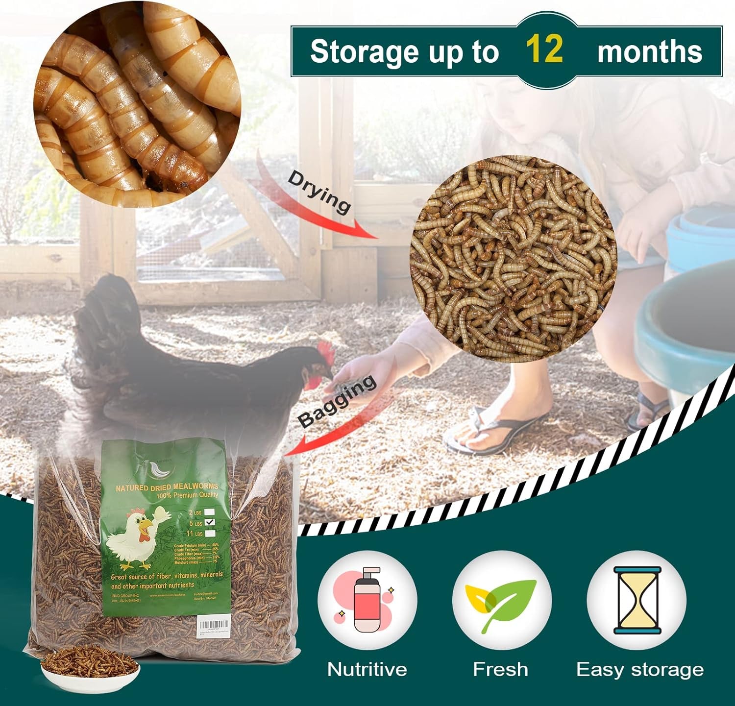 44LBS Dried Mealworms for Chickens, 100% Natural Premium Quality Non-Gmo, Treats for Poultry, Chickens, Ducks and Geese