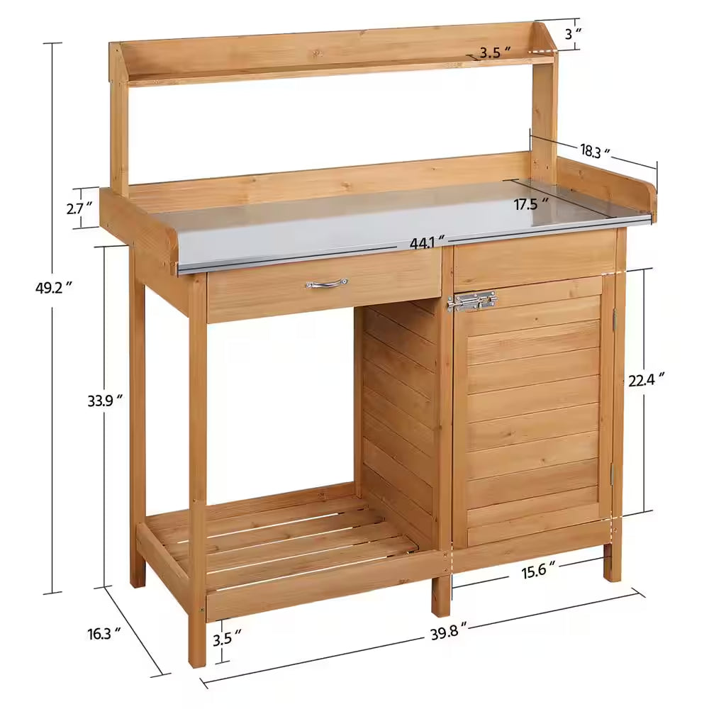 Outdoor Garden Potting Bench Table with Metal Tabletop, Cabinet Drawer and Open Shelf
