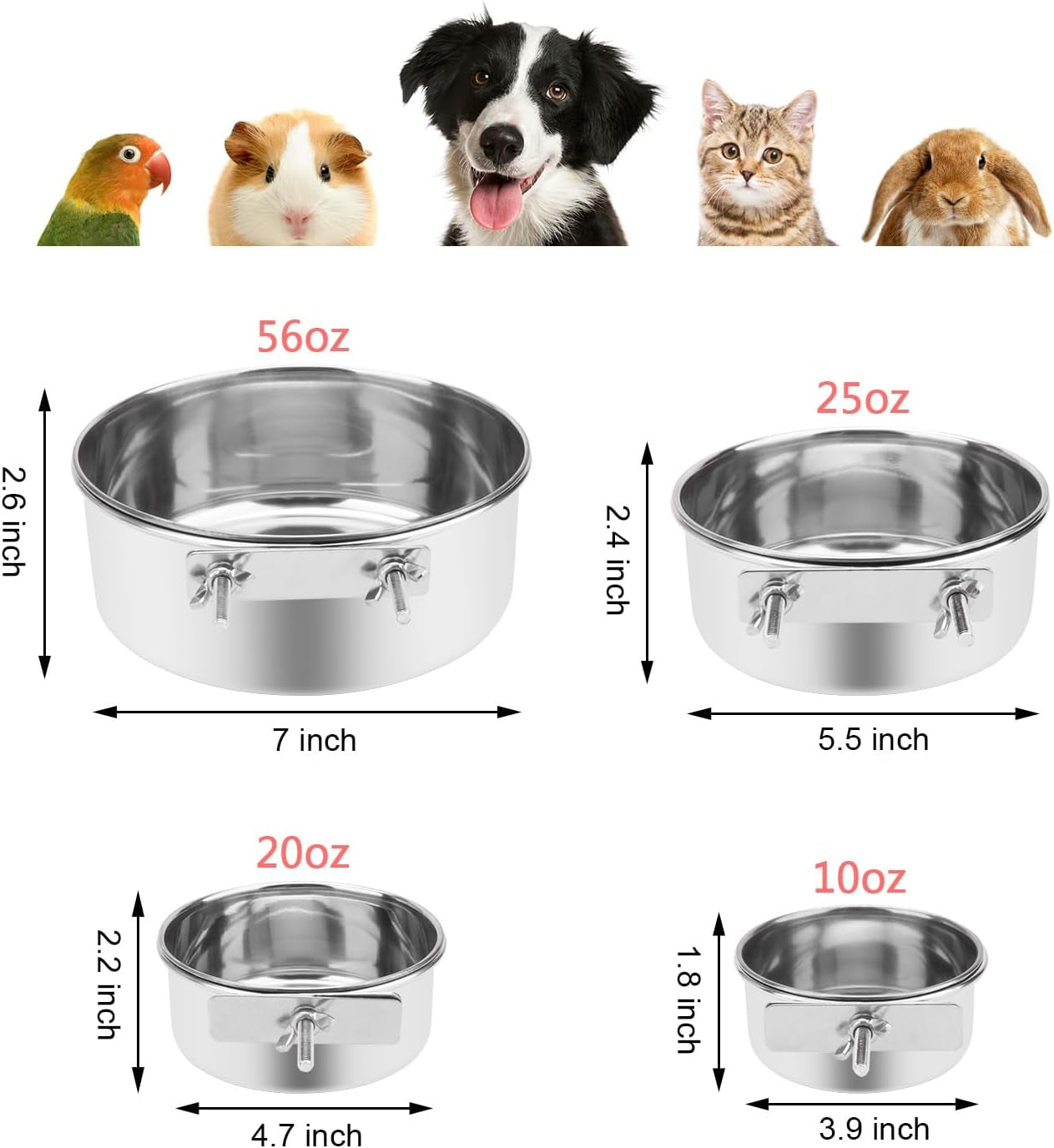 Pet Food Water Bowl with Clamp Holder Stainless Steel Coop Cup Hanging Feeder for Dog Bird Parrot Cat Rabbit (S)