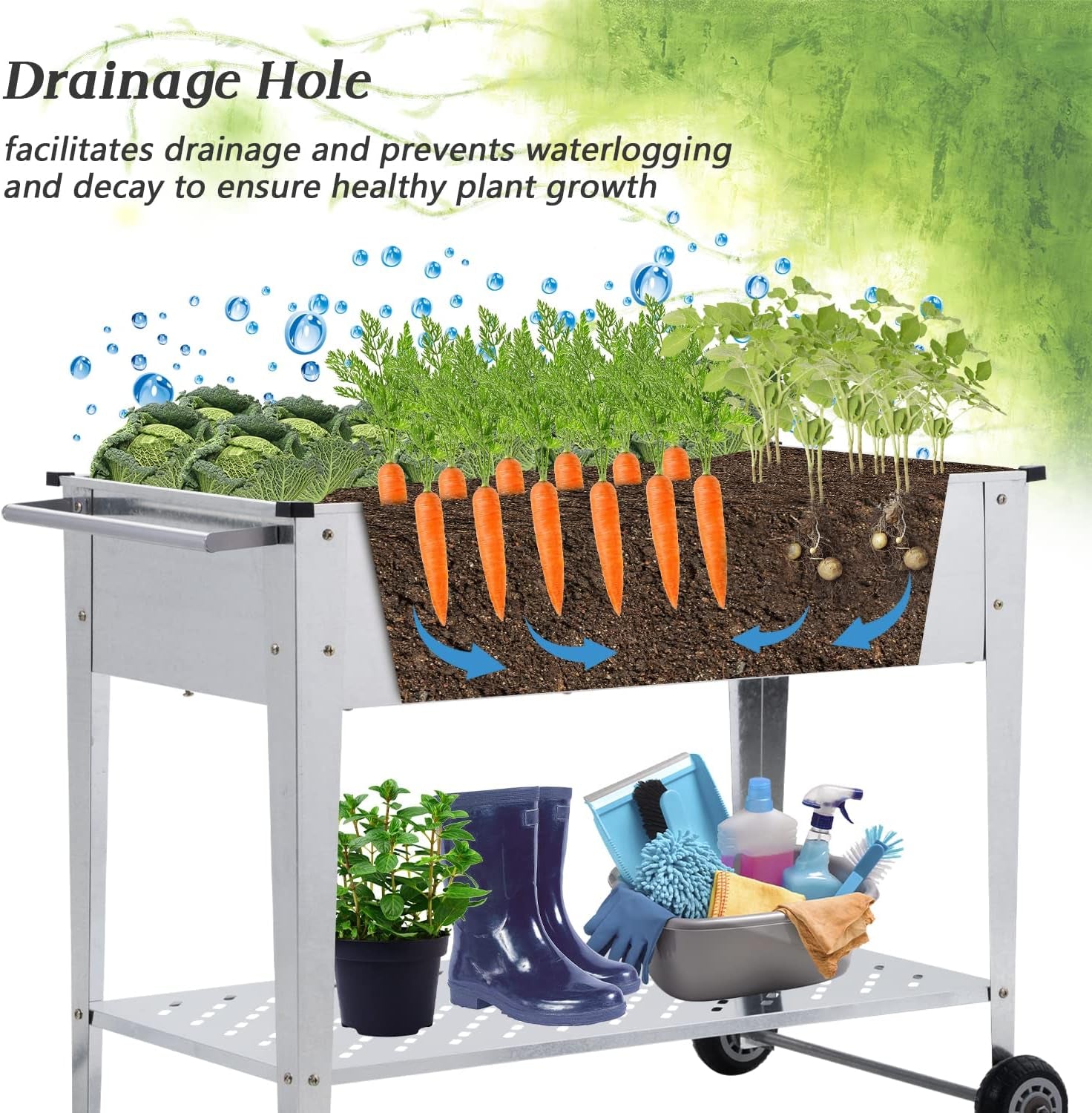 Raised Garden Bed with Legs and 2 Wheels,Metal Planter Box Kit for Growing Vegetables, Fruits, Flowers,Herb,Silver and Black