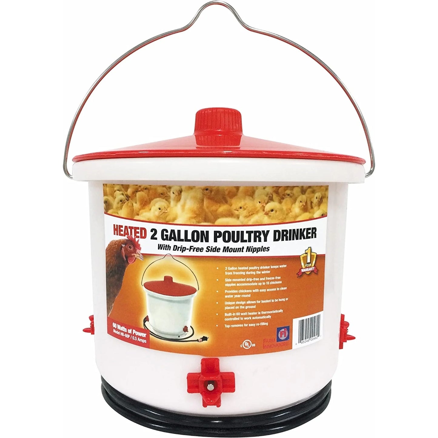 Heated 2 Gallon Poultry Drinker W/ Drip-Free Side Mount Nipples