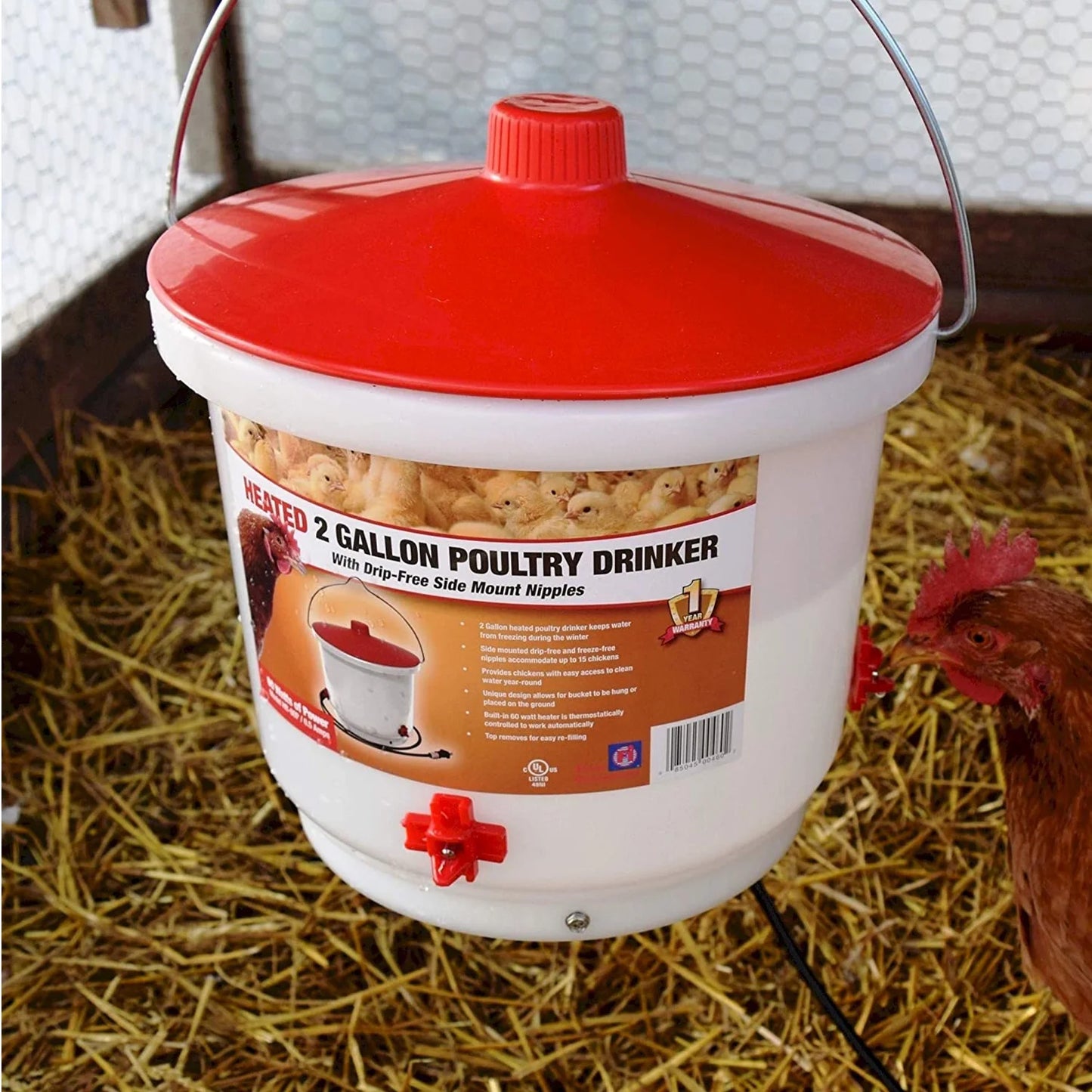 Heated 2 Gallon Poultry Drinker W/ Drip-Free Side Mount Nipples