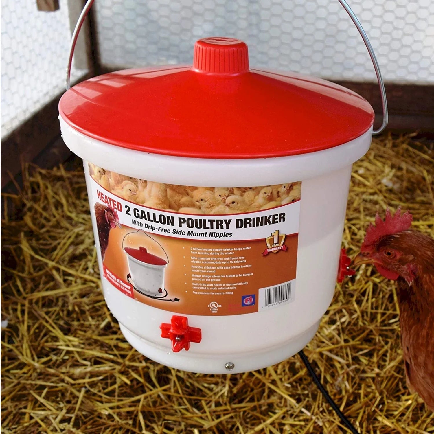 Heated 2 Gallon Poultry Drinker W/ Drip-Free Side Mount Nipples