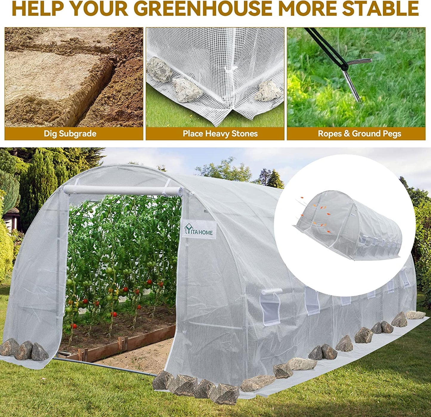 20'X10'X7' Heavy Duty Greenhouses Large Walk-In Greenhouse Tunnel Green Houses Outdoor Gardening Upgraded Galvanized Steel Stake Ropes Zipper Door 7 Crossbars Garden, White
