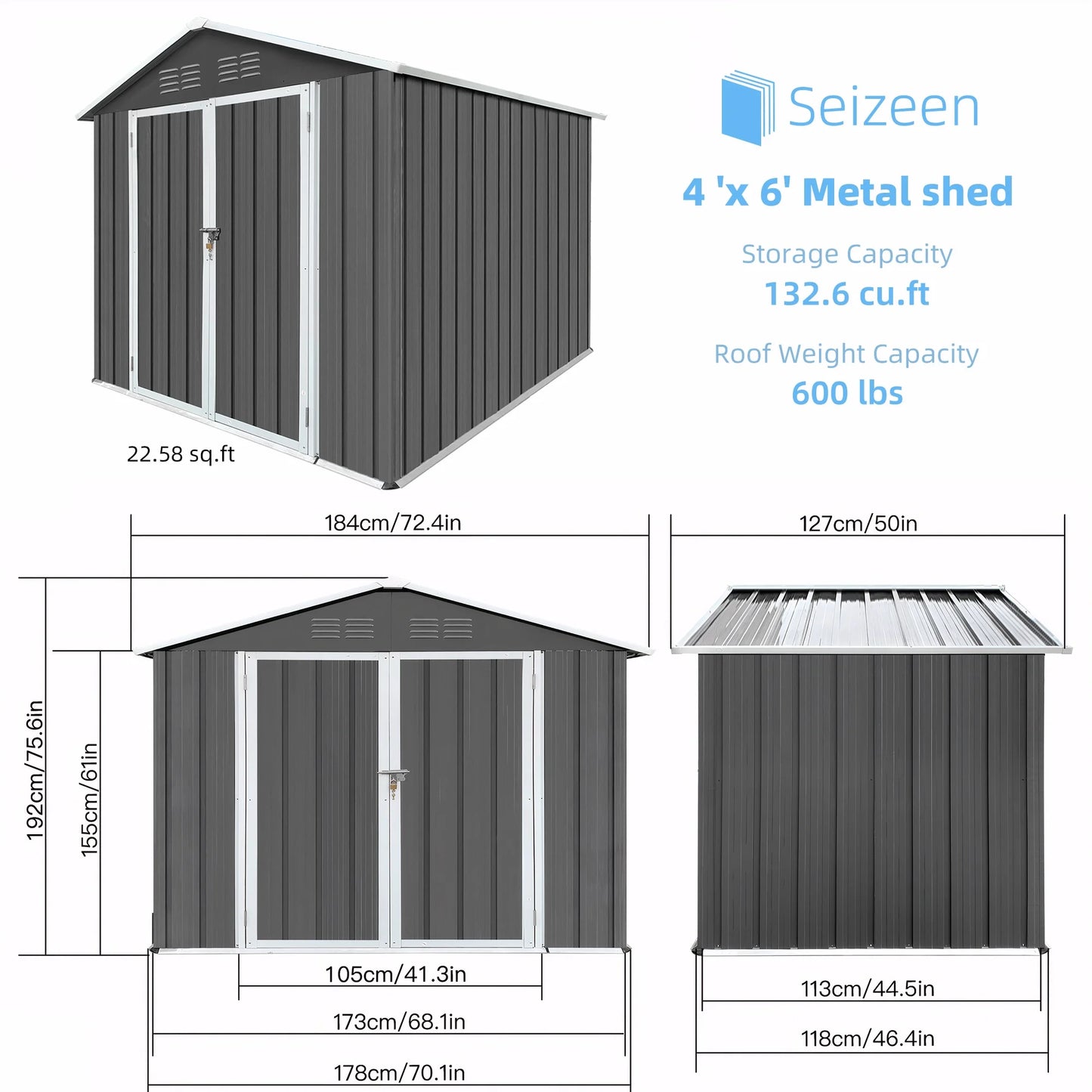 6' X 4' Outdoor Metal Storage Shed with Metal Base ,  Tools Storage Shed, Galvanized Steel Garden Shed with Lockable Doors for Backyard, Patio, Lawn