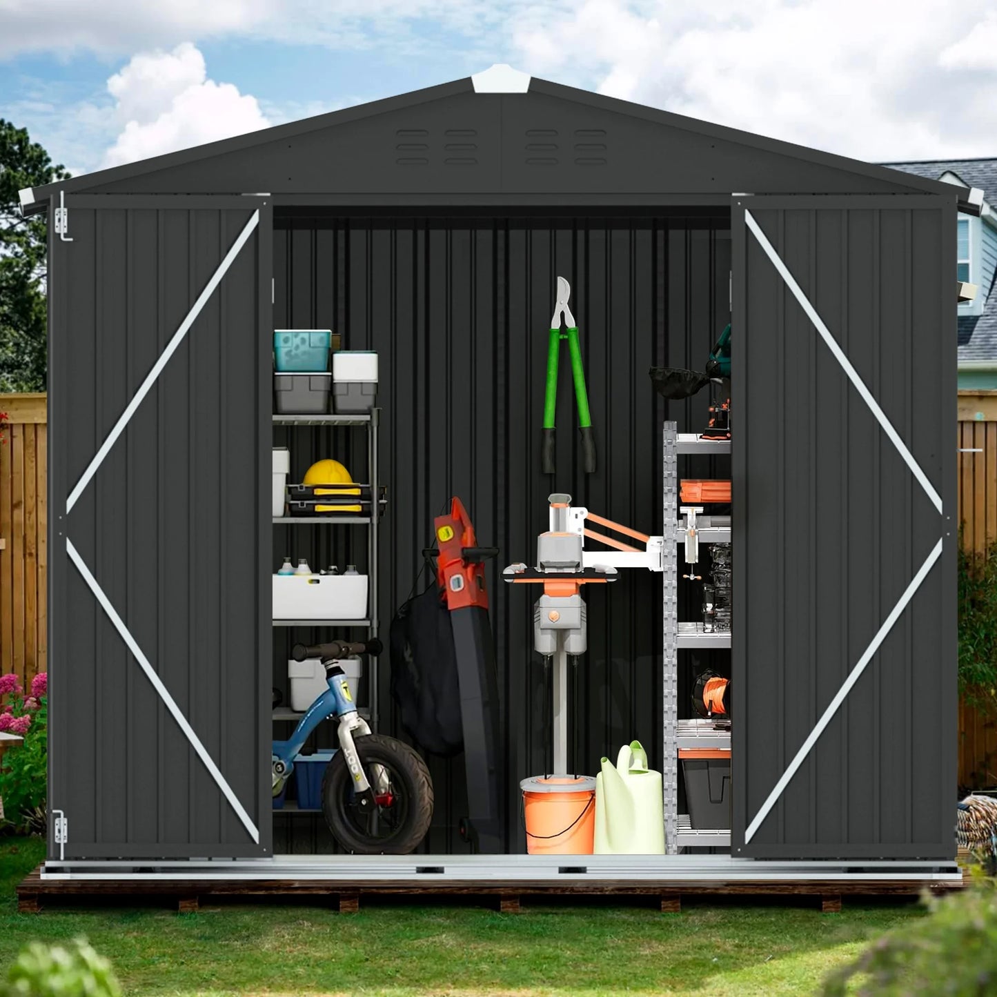 8' X 6' Outdoor Metal Storage Shed, Tools Storage Shed, Galvanized Steel Garden Shed with Lockable Doors, Outdoor Storage Shed for Backyard, Patio, Lawn, Dark Gray