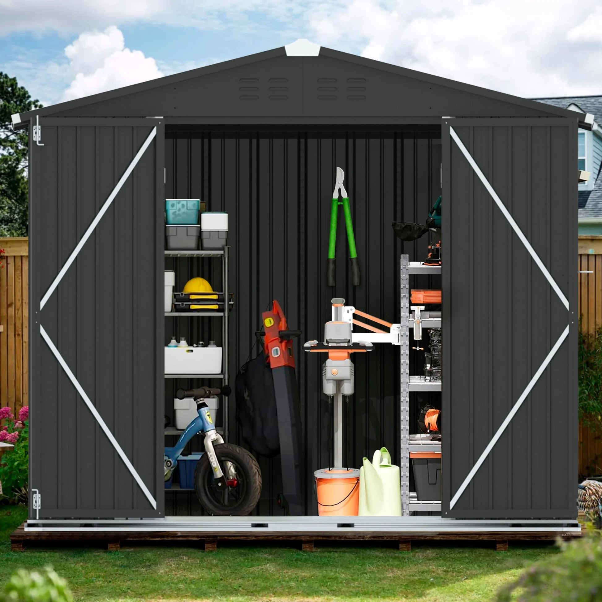 8' X 6' Outdoor Metal Storage Shed, Tools Storage Shed, Galvanized Steel Garden Shed with Lockable Doors, Outdoor Storage Shed for Backyard, Patio, Lawn, Dark Gray