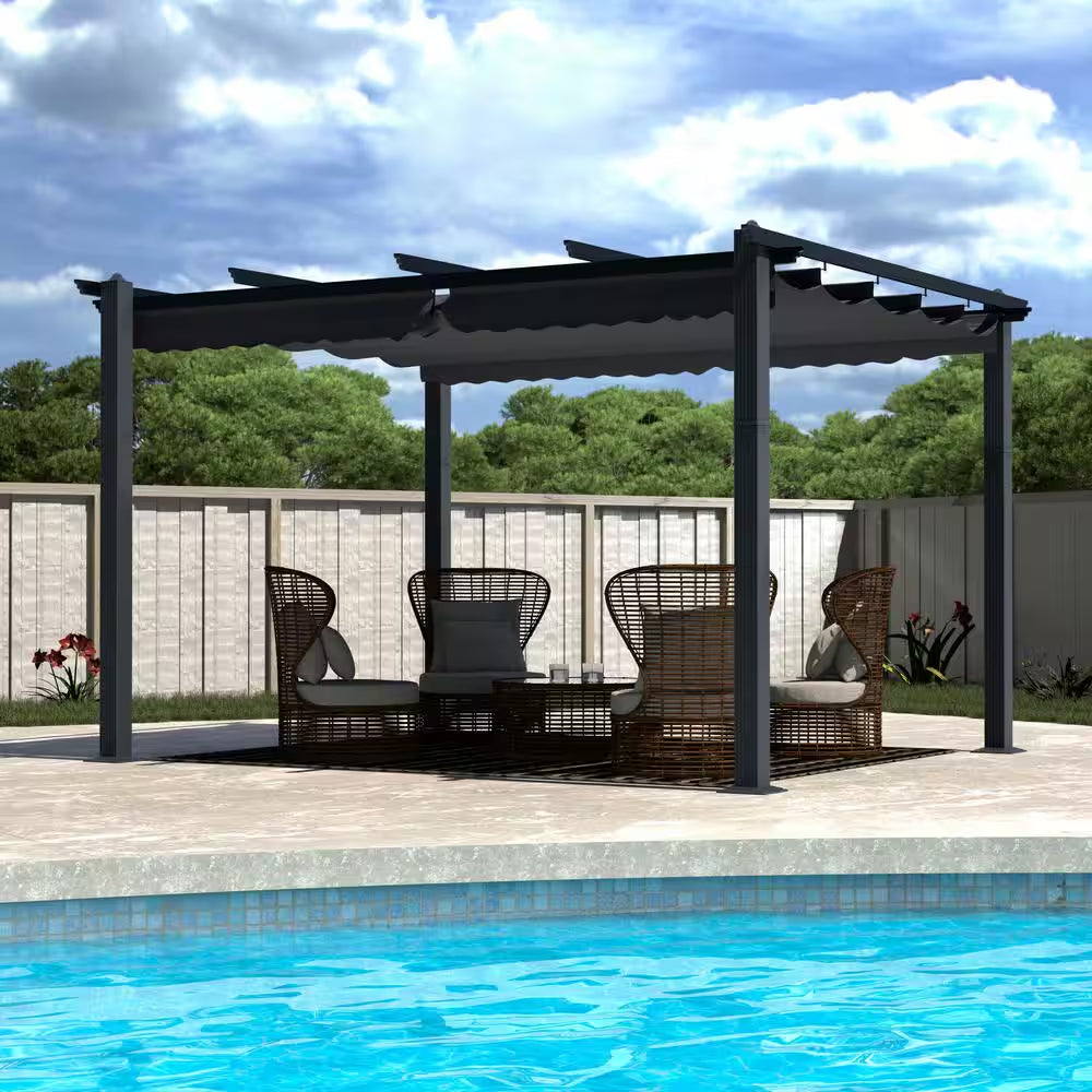 10 Ft. W X 10 Ft. D Aluminum Pergola Outdoor with Dark Gray Retractable Canopy