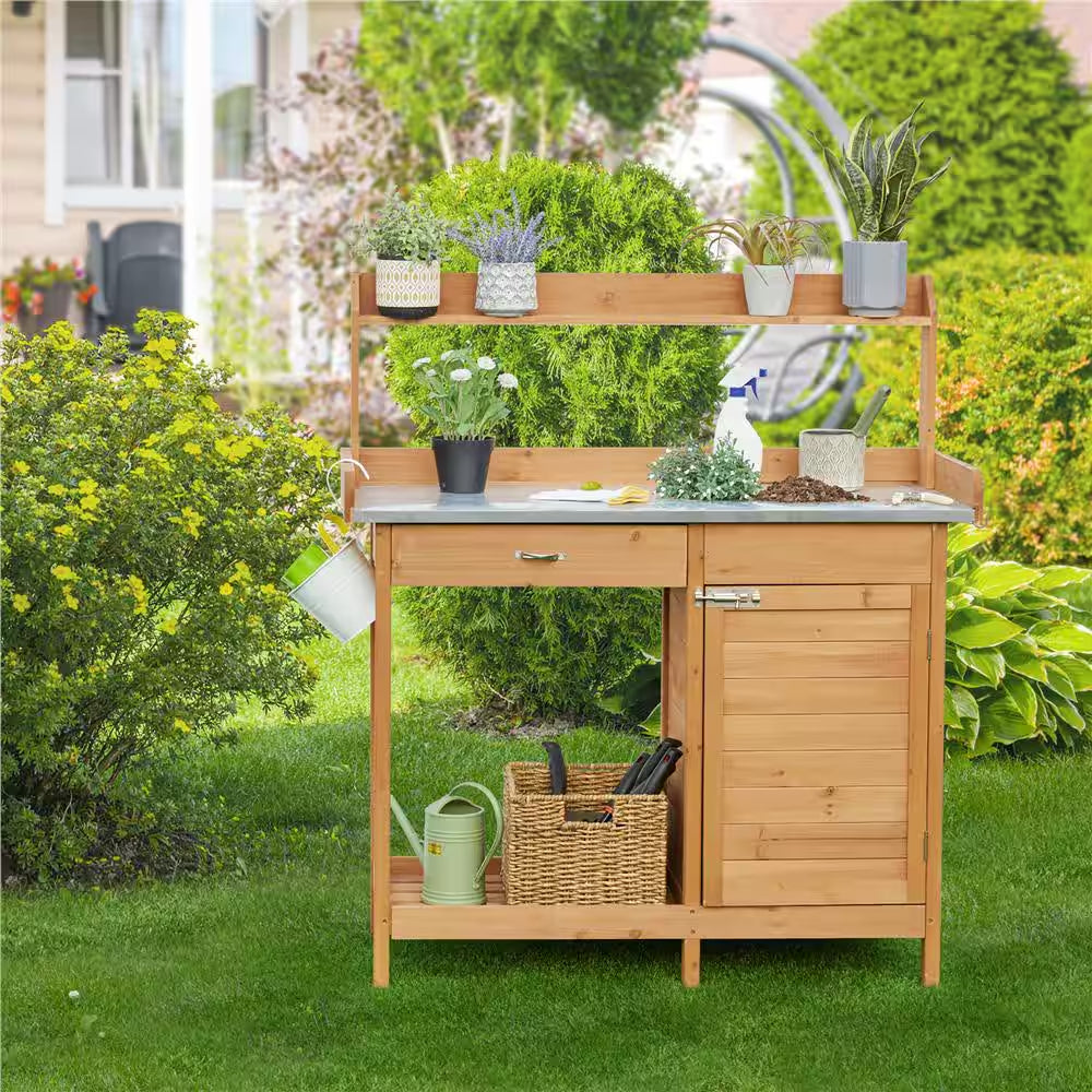 Outdoor Garden Potting Bench Table with Metal Tabletop, Cabinet Drawer and Open Shelf