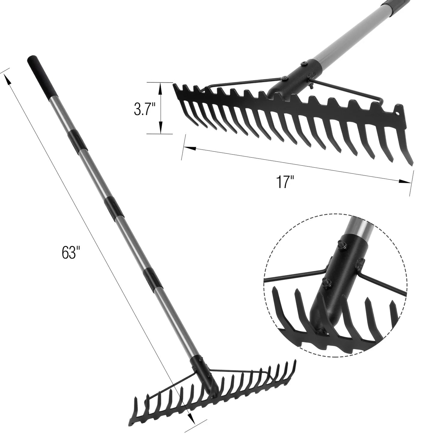 5FT Bow Rake, 17 Steel Tines Metal Head Heavy Duty Garden Rake