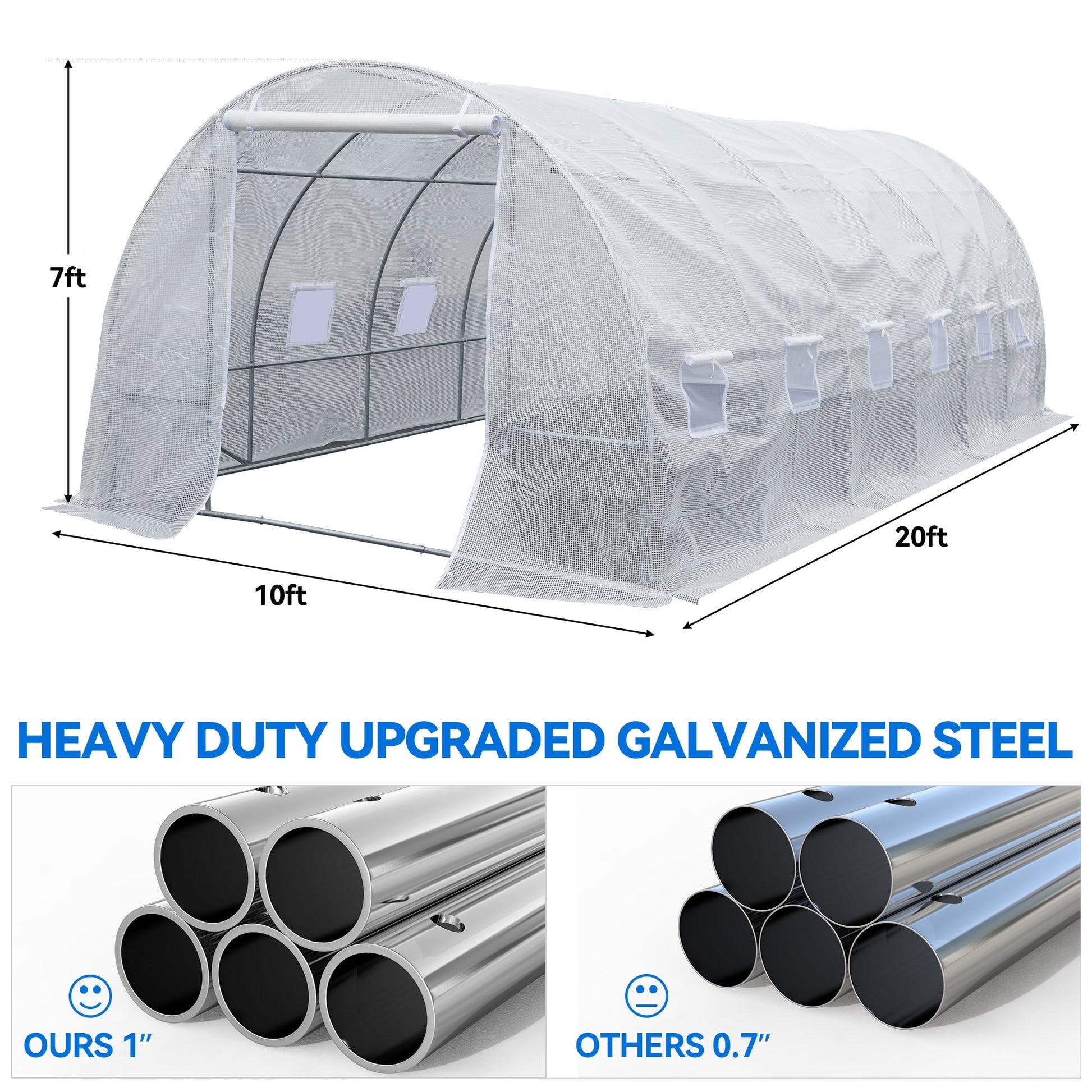 20'X10'X7' Heavy Duty Greenhouses Large Walk-In Greenhouse Tunnel Green Houses Outdoor Gardening Upgraded Galvanized Steel Stake Ropes Zipper Door 7 Crossbars Garden, White