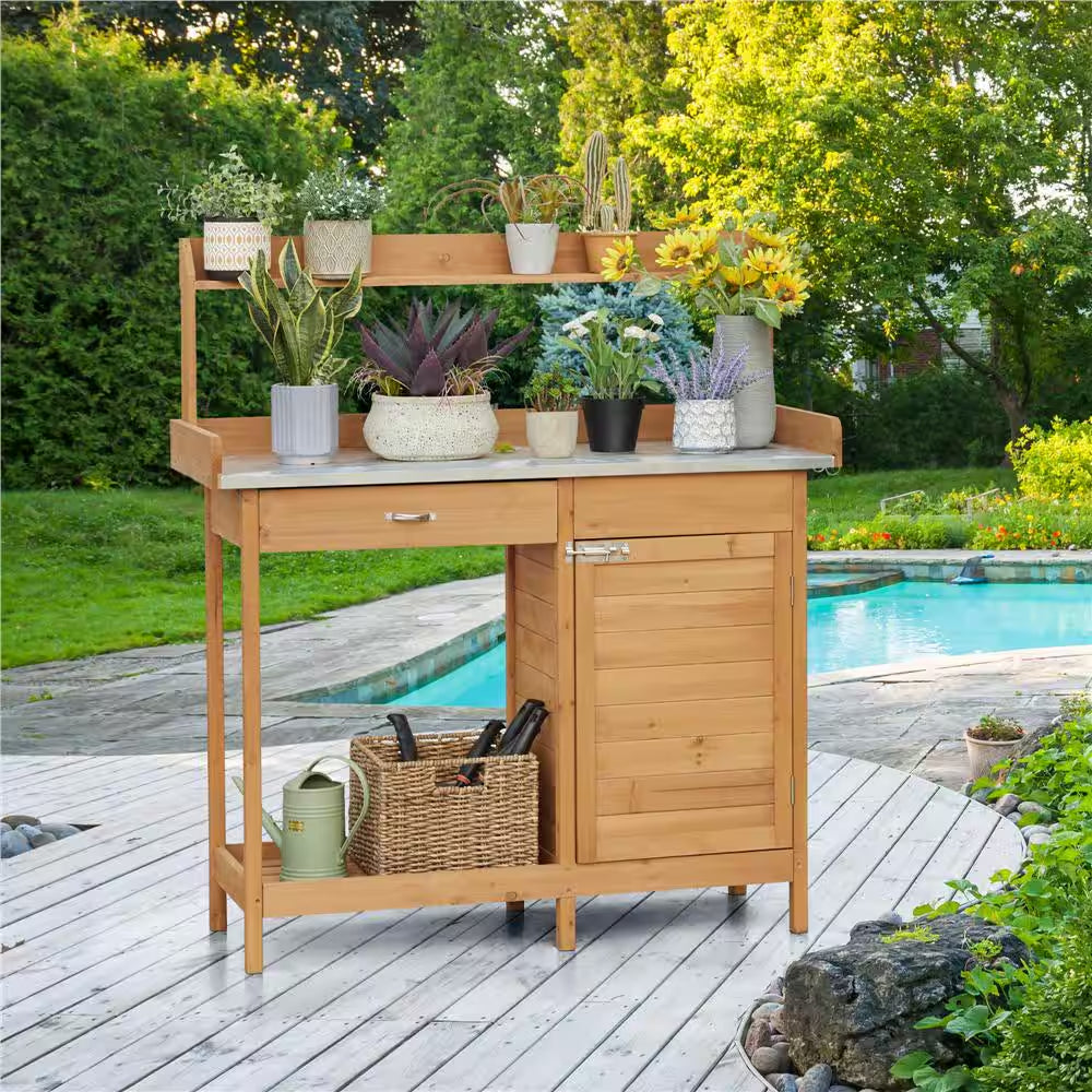 Outdoor Garden Potting Bench Table with Metal Tabletop, Cabinet Drawer and Open Shelf