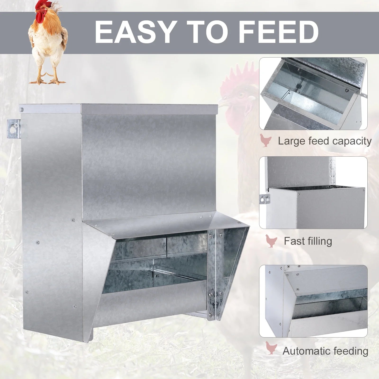 Automatic Chicken Feeder, No-Waste Poultry Feeder with Protective Lid for up to 4 Chickens, Holds 13 L of Feed
