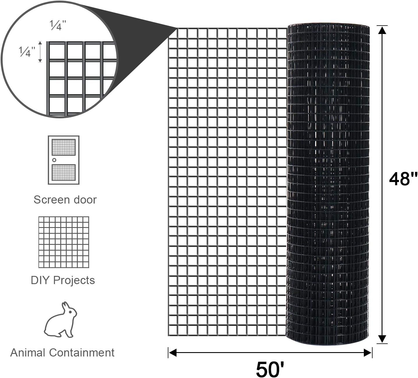 48'' X 50' 1/4Inch Hardware Cloth 19 Gauge Black Vinyl Coated Welded Fence Mesh for Home and Garden Fence and Home Improvement Project (48'' X 50')