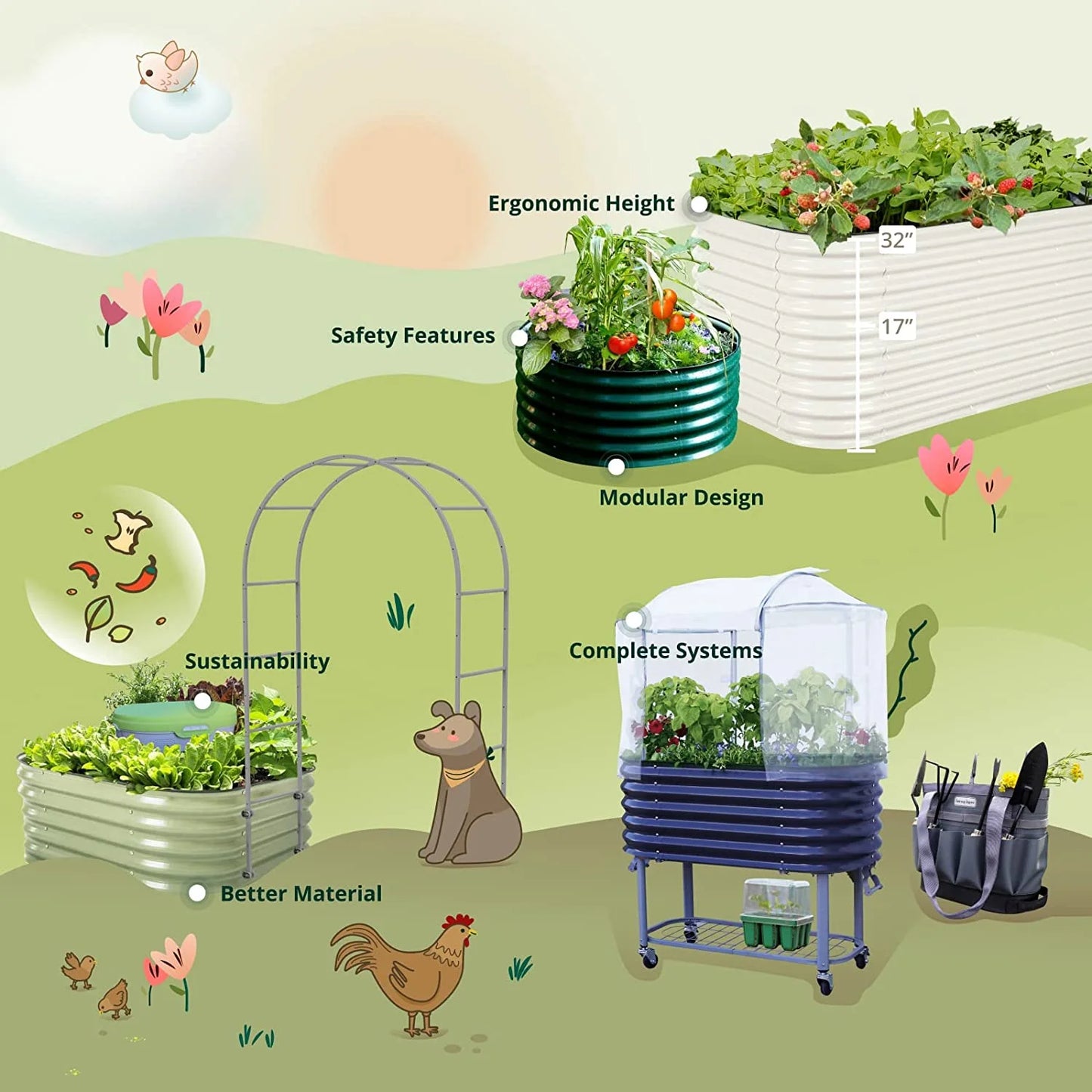 Raised Gardening Bed Kits 32" Extra Tall 6 in 1 3.5Ftx5Ft Modular Metal Planter Olive Green