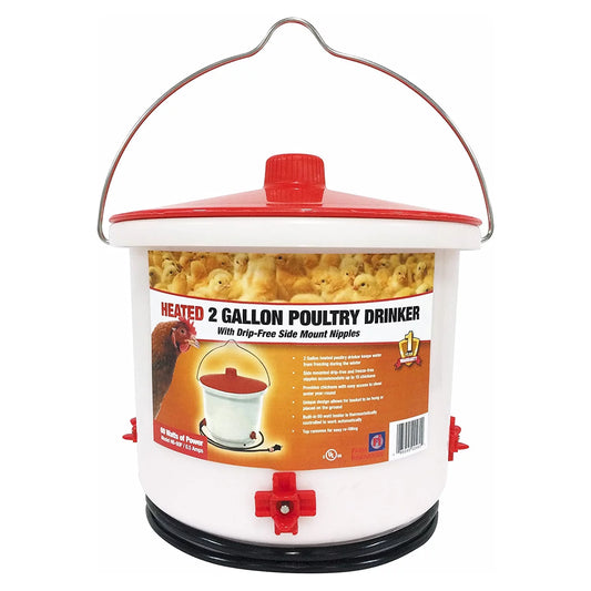Heated 2 Gallon Poultry Drinker W/ Drip-Free Side Mount Nipples