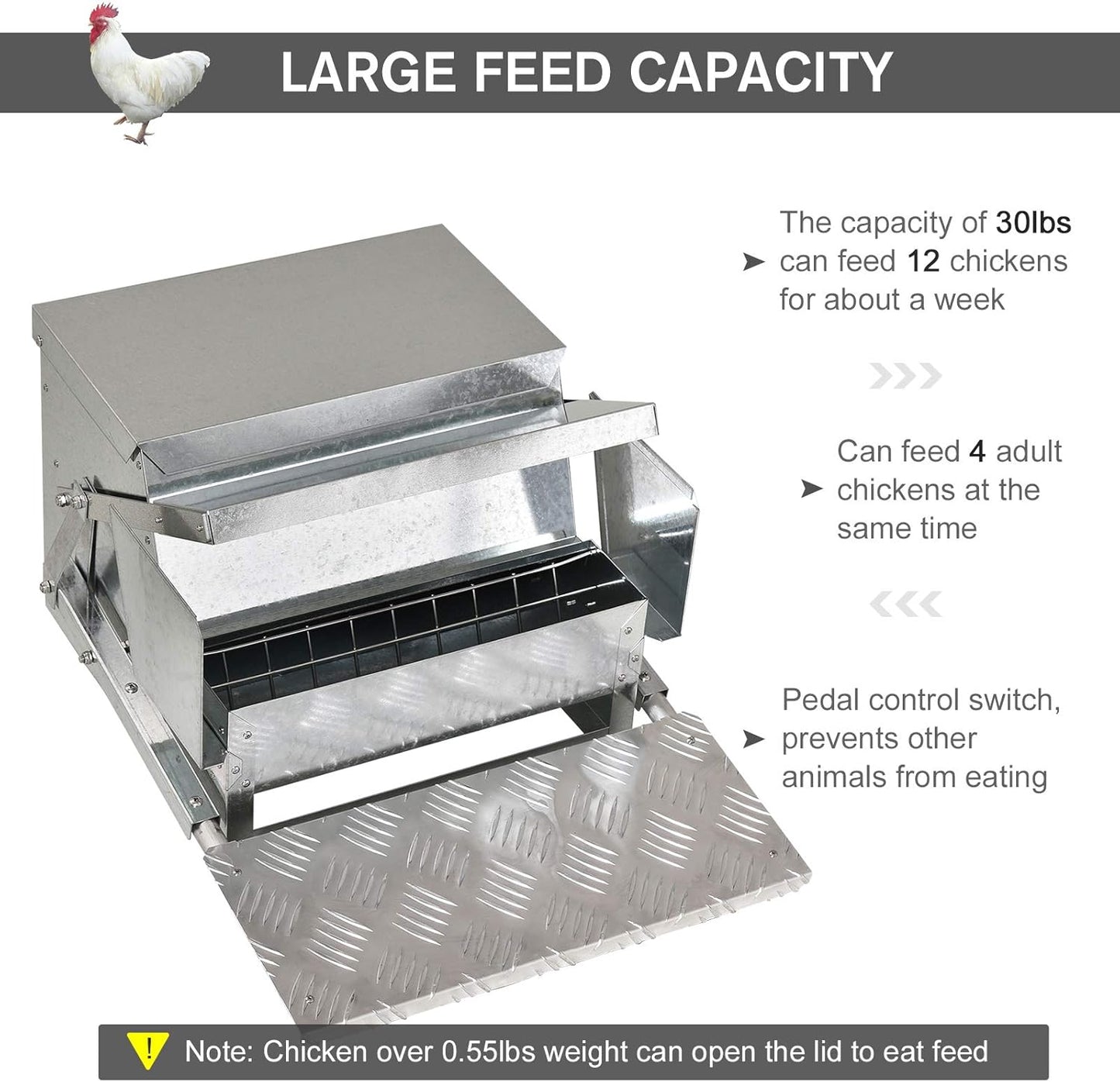 30 Lbs Capacity Automatic Chicken Poultry Feeder with a Galvanized Steel and Aluminium Build, Weatherproof Design