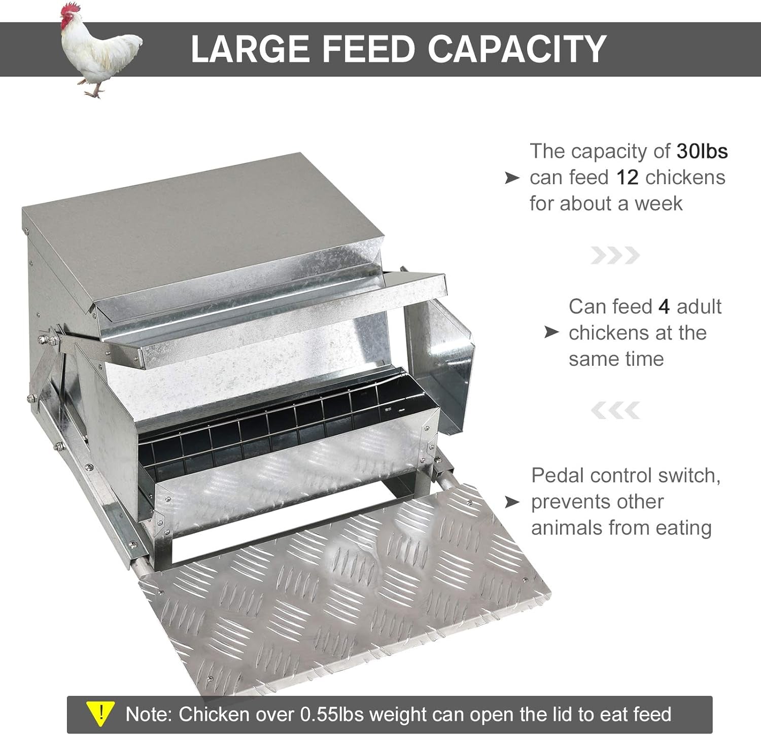 30 Lbs Capacity Automatic Chicken Poultry Feeder with a Galvanized Steel and Aluminium Build, Weatherproof Design