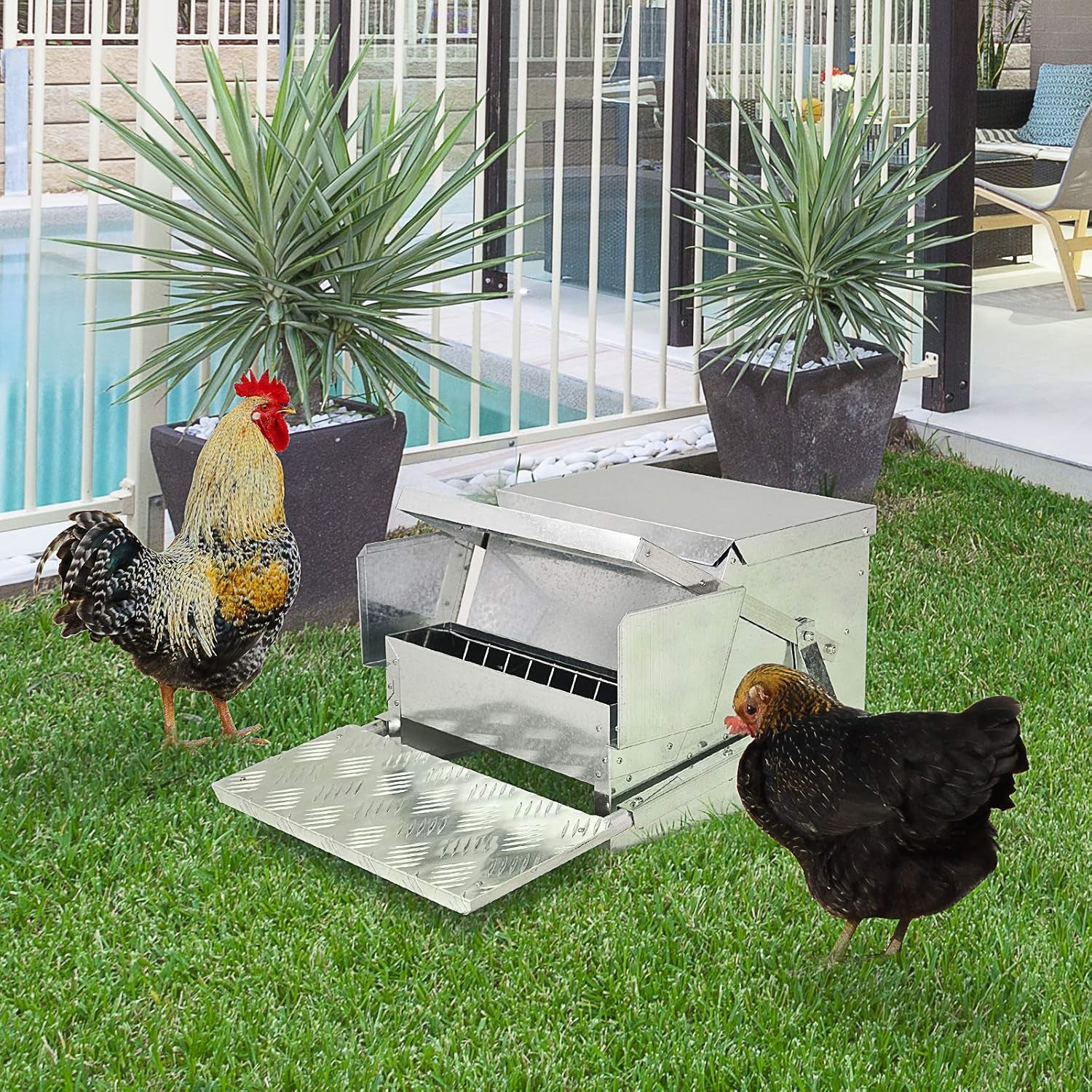 30 Lbs Capacity Automatic Chicken Poultry Feeder with a Galvanized Steel and Aluminium Build, Weatherproof Design