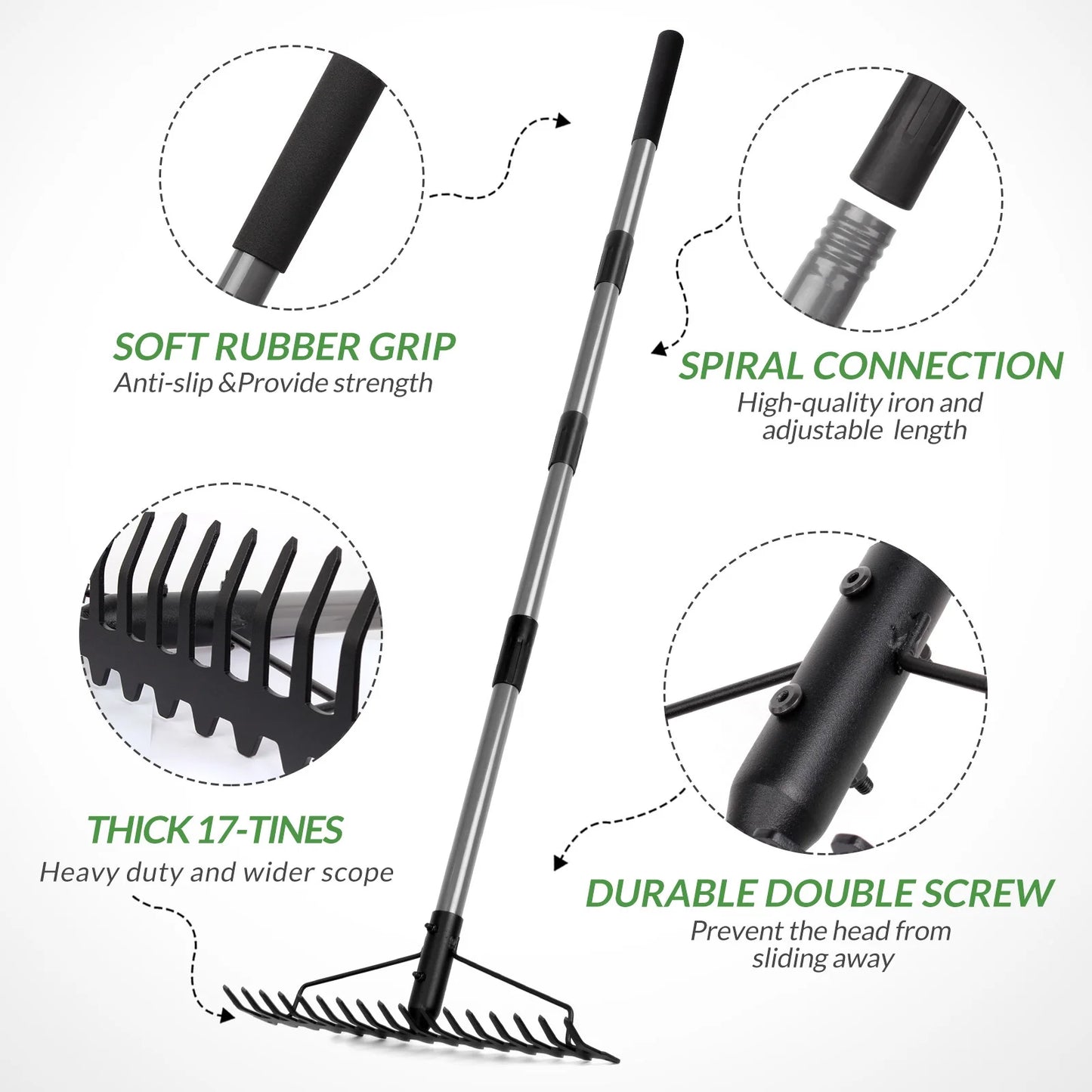 5FT Bow Rake, 17 Steel Tines Metal Head Heavy Duty Garden Rake