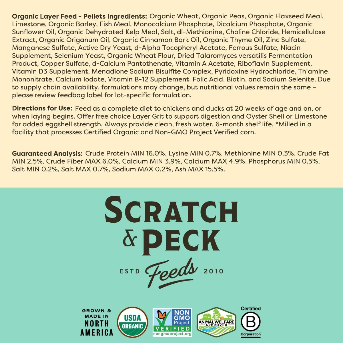 Scratch and Peck Whole Grain Layer Pellets Chicken and Duck Feed - 25 Lbs Bag - Corn-Free and Soy-Free - 16% Protein, Certified Organic and Non-Gmo Project Verified Chicken Food