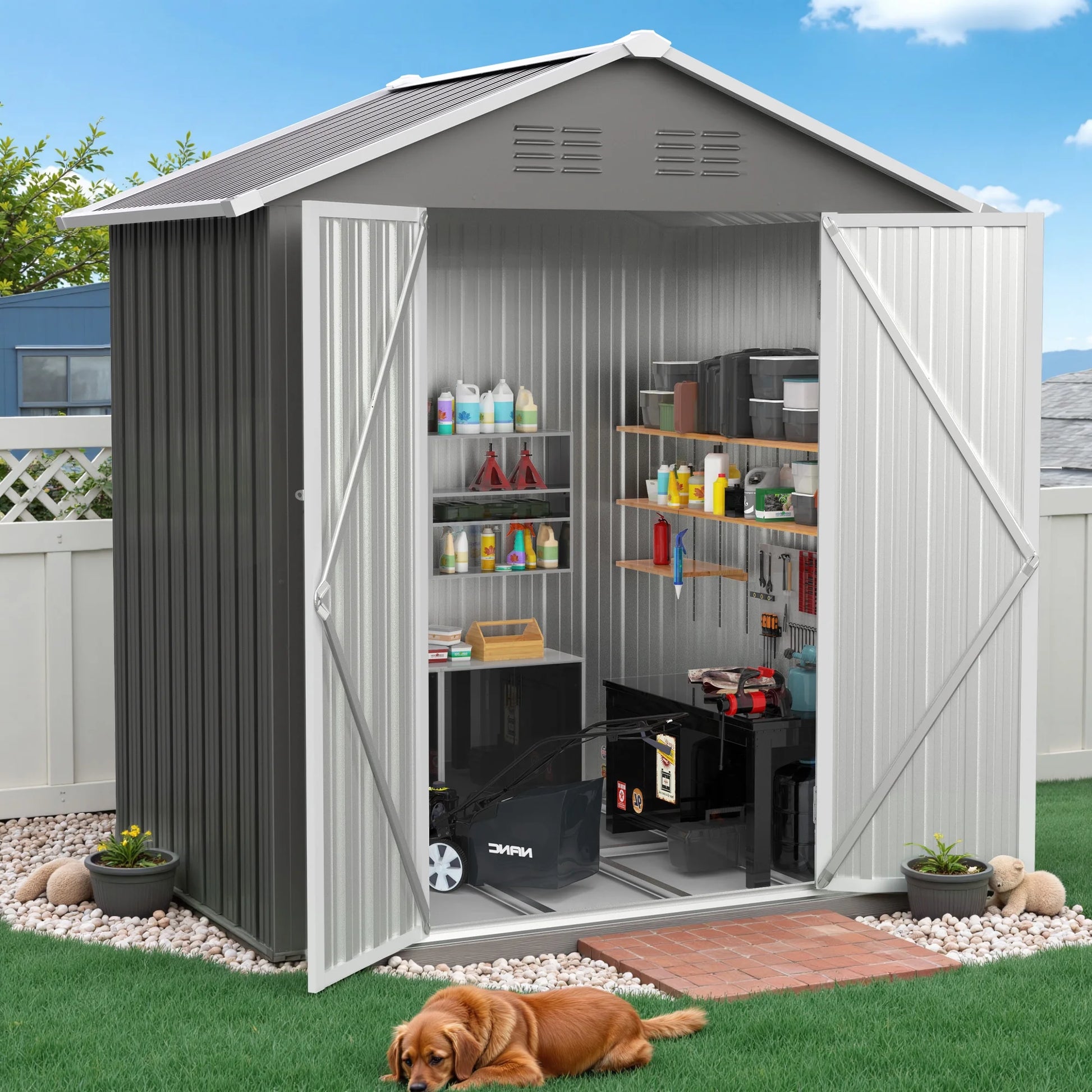 6' X 4' Outdoor Metal Storage Shed with Metal Base ,  Tools Storage Shed, Galvanized Steel Garden Shed with Lockable Doors for Backyard, Patio, Lawn