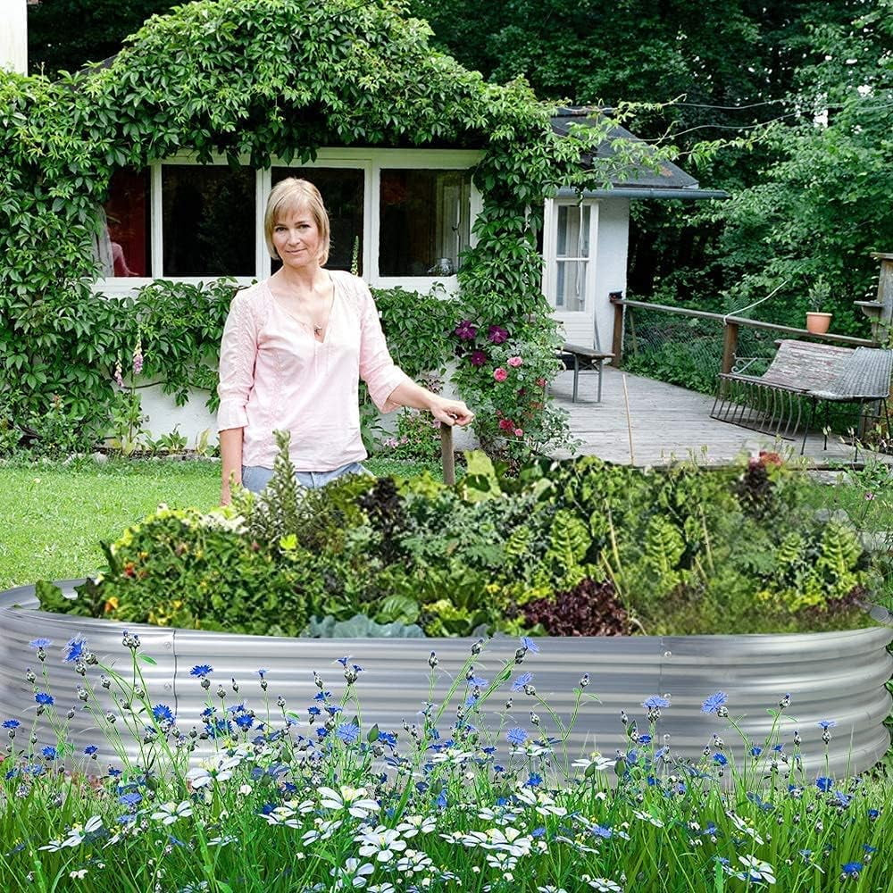 4Ftx2Ftx1Ft Galvanized Metal Raised Garden Bed,Oval Planter Box Outdoor for Vegetables, Fruits and Flowers- Starlight Silver