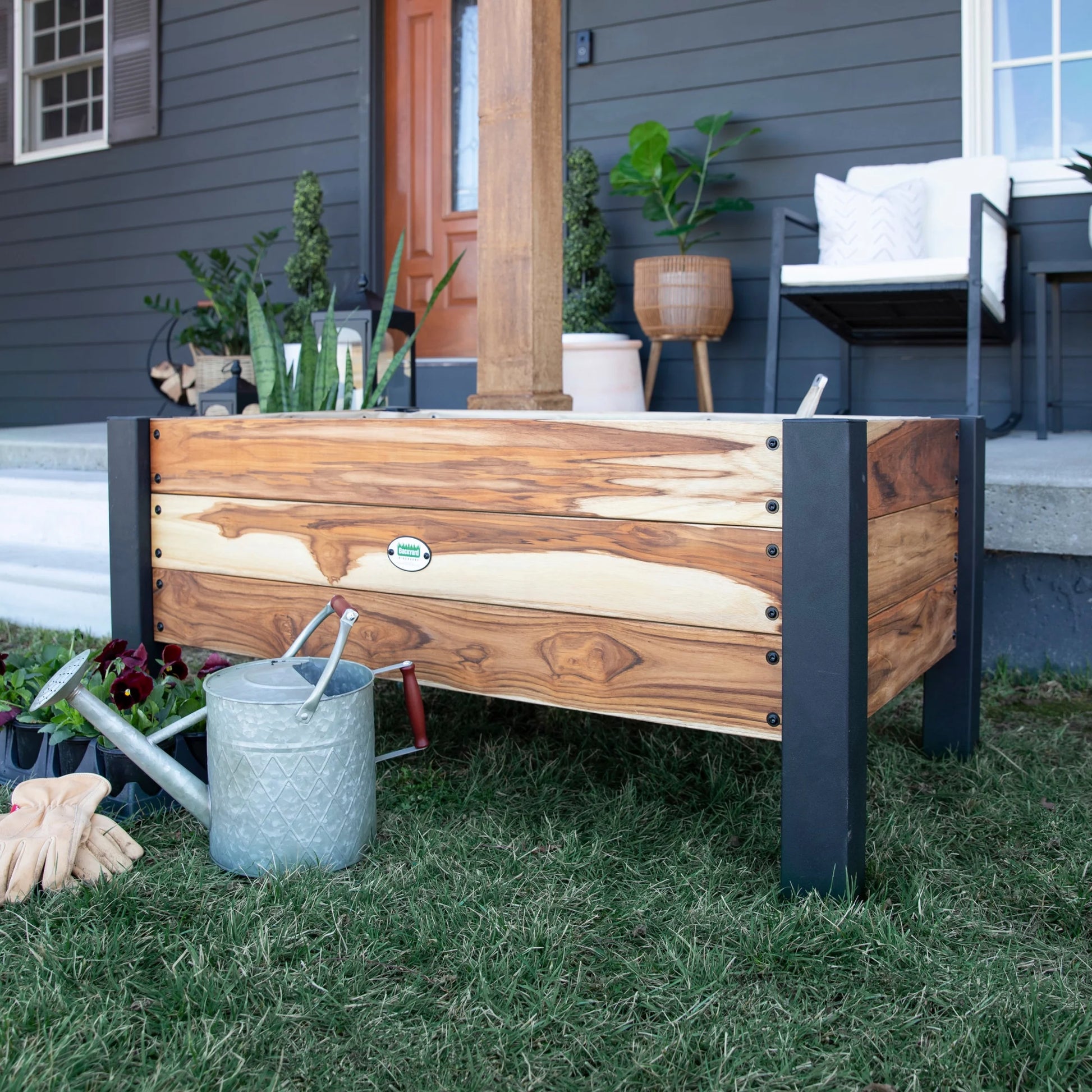 48" Teak Wood Garden Bed Planter Box, Galvanized Steel Legs