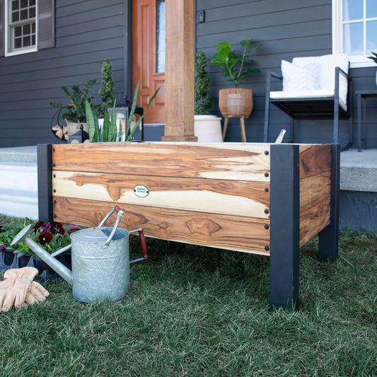 48" Teak Wood Garden Bed Planter Box, Galvanized Steel Legs