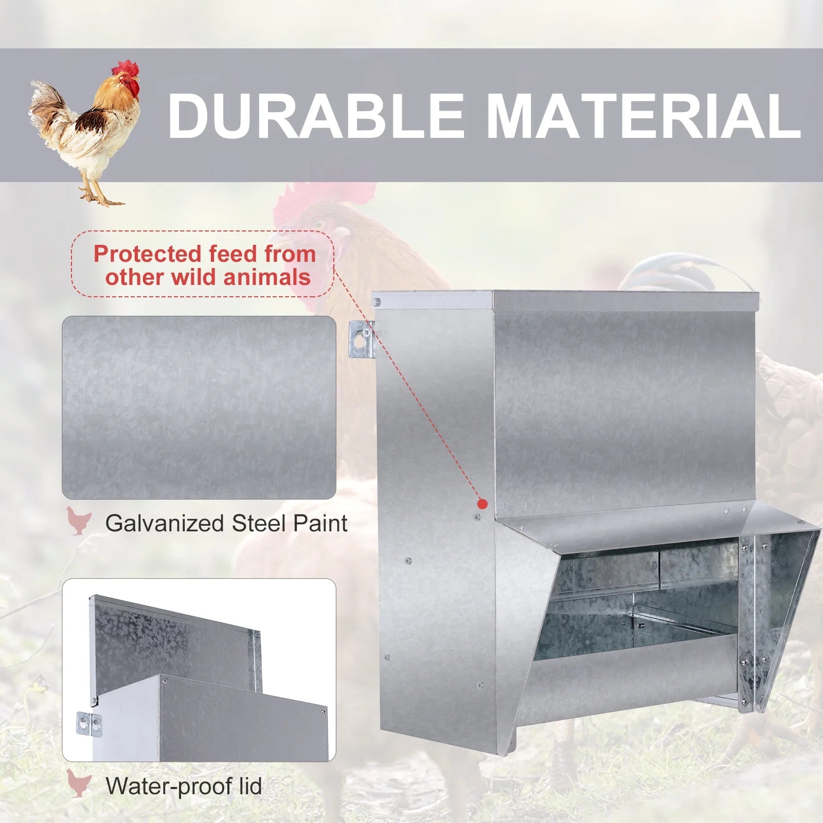 Automatic Chicken Feeder, No-Waste Poultry Feeder with Protective Lid for up to 4 Chickens, Holds 13 L of Feed