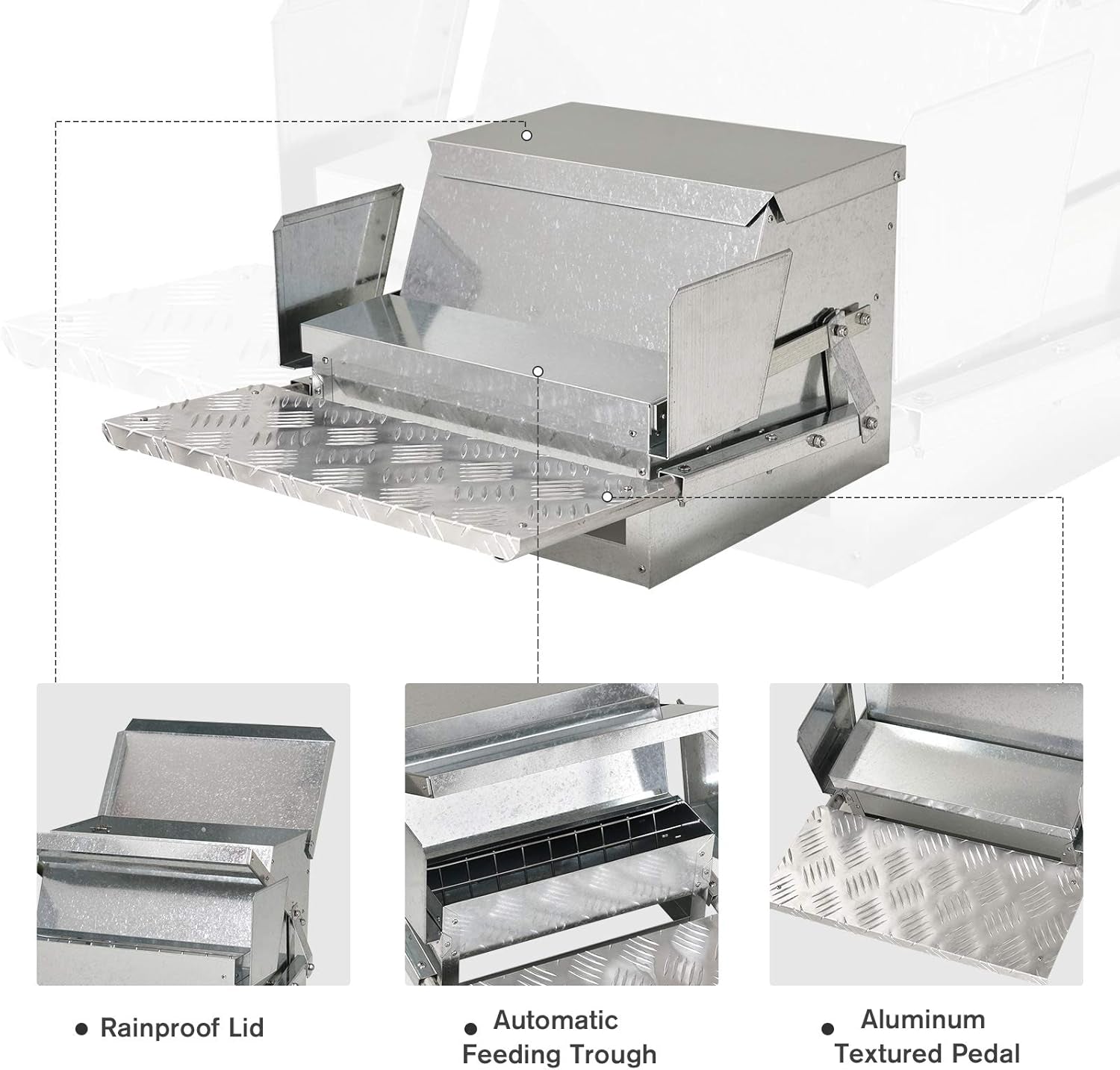 30 Lbs Capacity Automatic Chicken Poultry Feeder with a Galvanized Steel and Aluminium Build, Weatherproof Design