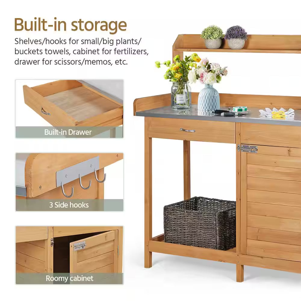 Outdoor Garden Potting Bench Table with Metal Tabletop, Cabinet Drawer and Open Shelf